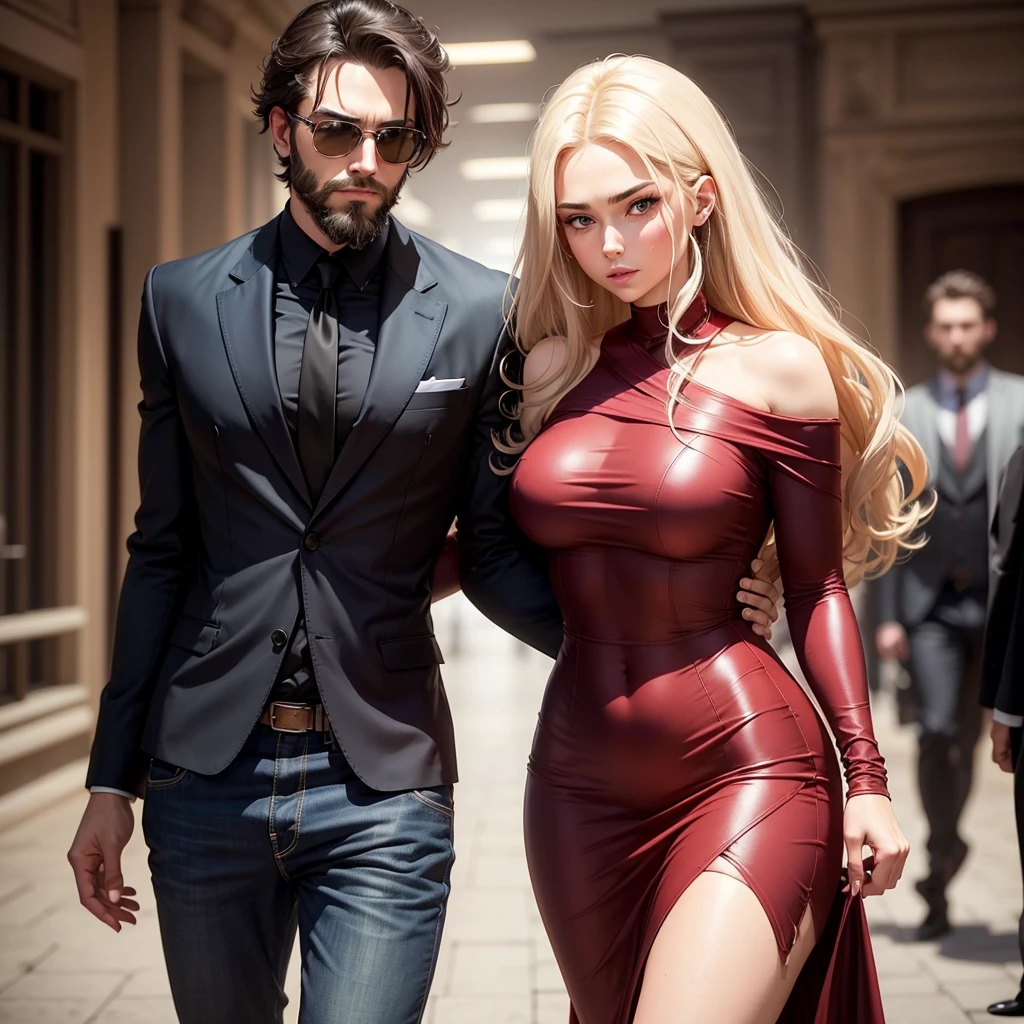 To visualize or communicate the concept of a threesome, the image can be described like this:
Create an image
**Central Character (Woman):**
- The woman in the center is young and blonde, with long hair that falls in soft waves over her shoulders. Your eyes are an intense blue, radiating confidence and seduction. She wears a tight red dress that highlights her curves perfectly.. or tecido, probably silk or satin, shimmers subtly under the light, giving the look a mix of elegance and sensuality.
- or vestido tem um decote discreto, enough to enhance your femininity without overdoing it. Your posture is confident, with one hand resting lightly on the hip, suggesting that she is in control of the situation and comfortable between the two men surrounding her.
**man on the left (or Homem Elegante):**
- To the left, a man with short brown hair, meticulously arranged, with a full beard that frames his face. His dark eyes exude mystery and determination.. He wears an expensive dark colored suit, maybe black or navy blue, with a white shirt underneath and a tie that complements the outfit.
- Your posture is firm and protective, possibly with hands in pockets or at sides, watching the woman with a possessive expression, as if he was watching over her, but also asserting his place alongside her.
**Man on the Right (or "bad boy"):**
- or homem à direita tem cabelos castanhos escuros que chegam até os ombros, a little disheveled, giving it a more rebellious air. your eyes are blue, contrasting with its casual and seductive look. He has a beard, which accentuates its casual and charming appearance.
- He wears a partially open button-down shirt, revealing a little of the chest, and a pair of jeans. over, he wears a black leather jacket, which reinforces its image of "bad boy". Your posture is relaxed, leaning slightly towards the woman, suggesting a more intense and passionate interest.
**Trisal Dynamics:**
- The woman is sitting