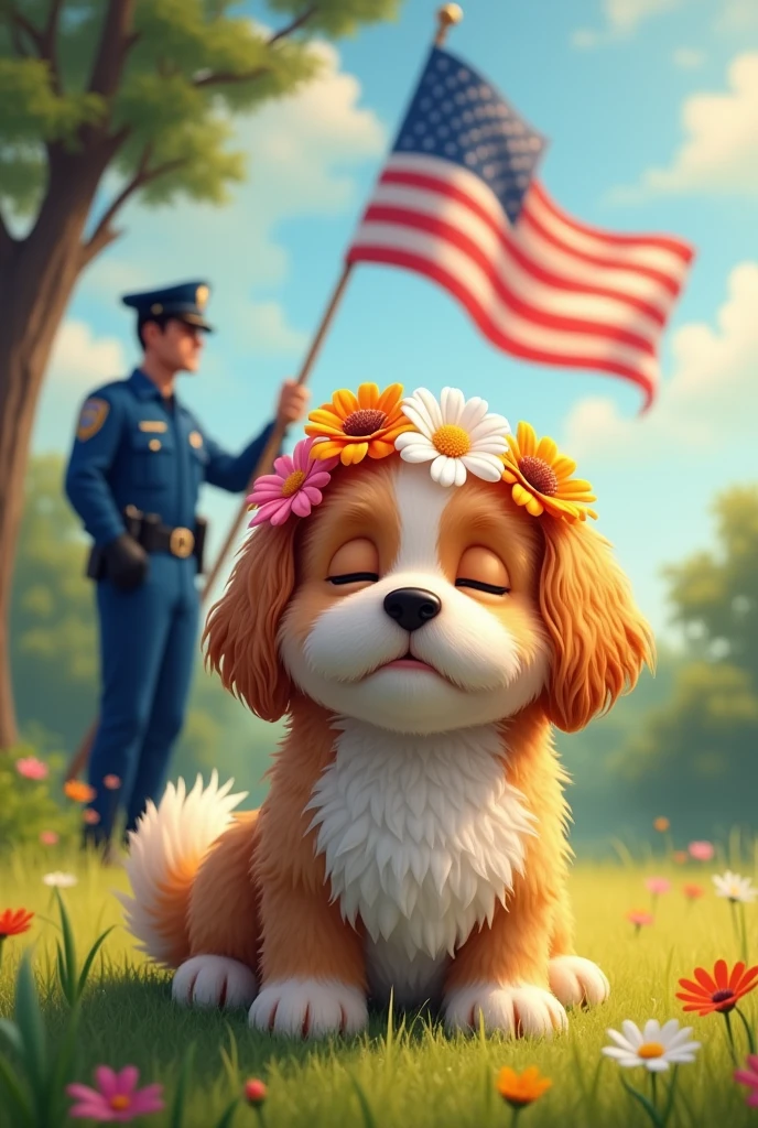 Make a dog that has flowers on its head and is dreaming about a policeman and the US flag in the background.