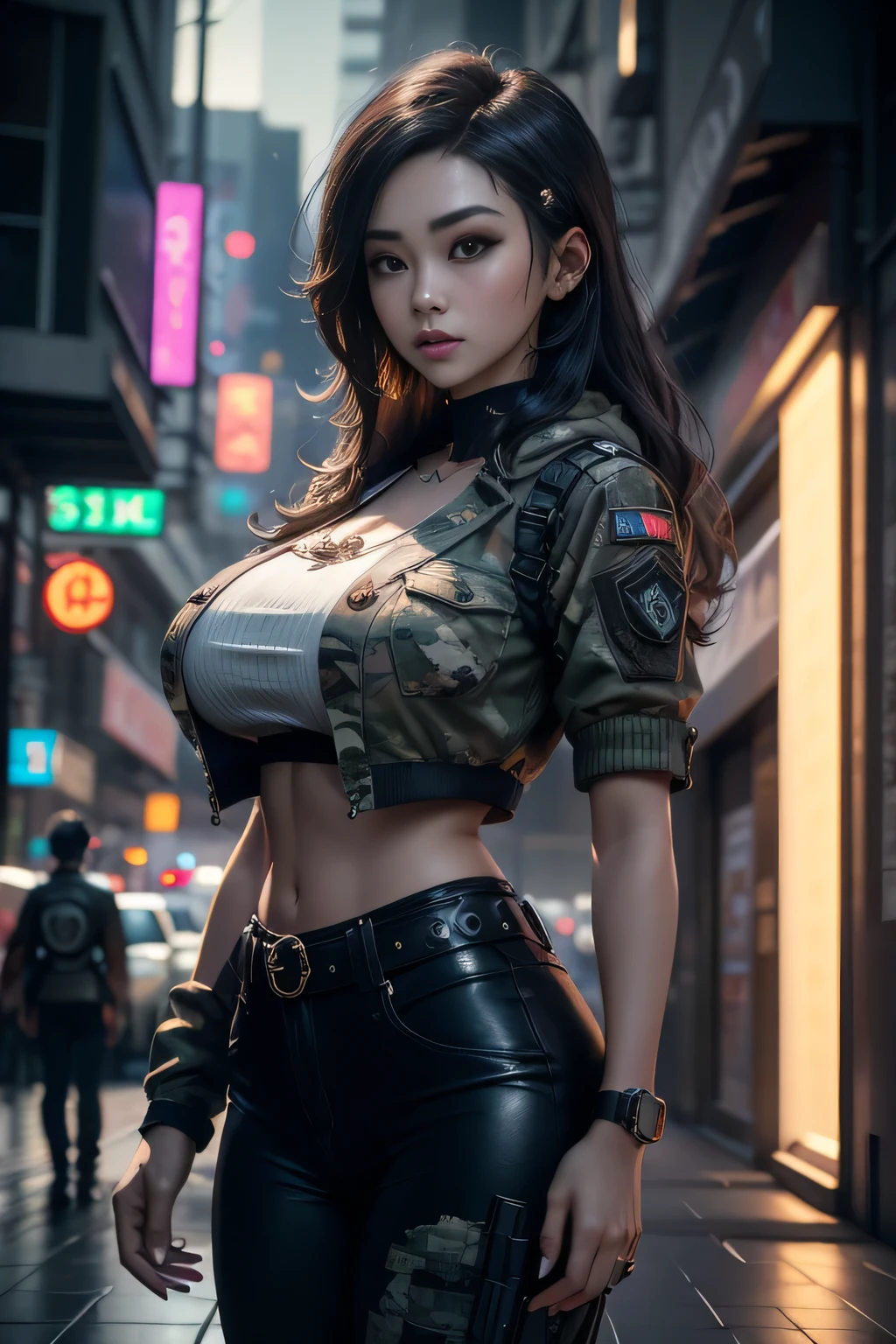 sfw, ((Best Quality)), ((Masterpiece)), (High Detail:1.3), 3D, machine gun in hand,beautiful (cyberpunk:1.2) special forces, robort, woman with thick voluminous hair in (in camouflage_uniform:1.1), bulletproof vest, raincoat, digital (camouflage: 1.3), HDR (High Dynamic Range), ray tracing, NVIDIA RTX, ultra-high resolution, Unreal 5, subsurface scattering, PBR texturing, post-processing, anisotropic filtering, depth of field, maximum clarity and sharpness, multi-layered textures, albedo and reflection maps, surface shading, accurate simulation of the interaction of light and material, ideal proportions, octane rendering, two-color lighting, wide aperture, low ISO, white balance, rule of thirds, 8K RAW, Effective subpixel, subpixel convolution,, wearing bra,((skinny waist)), young asian girl, ((big breasted)),