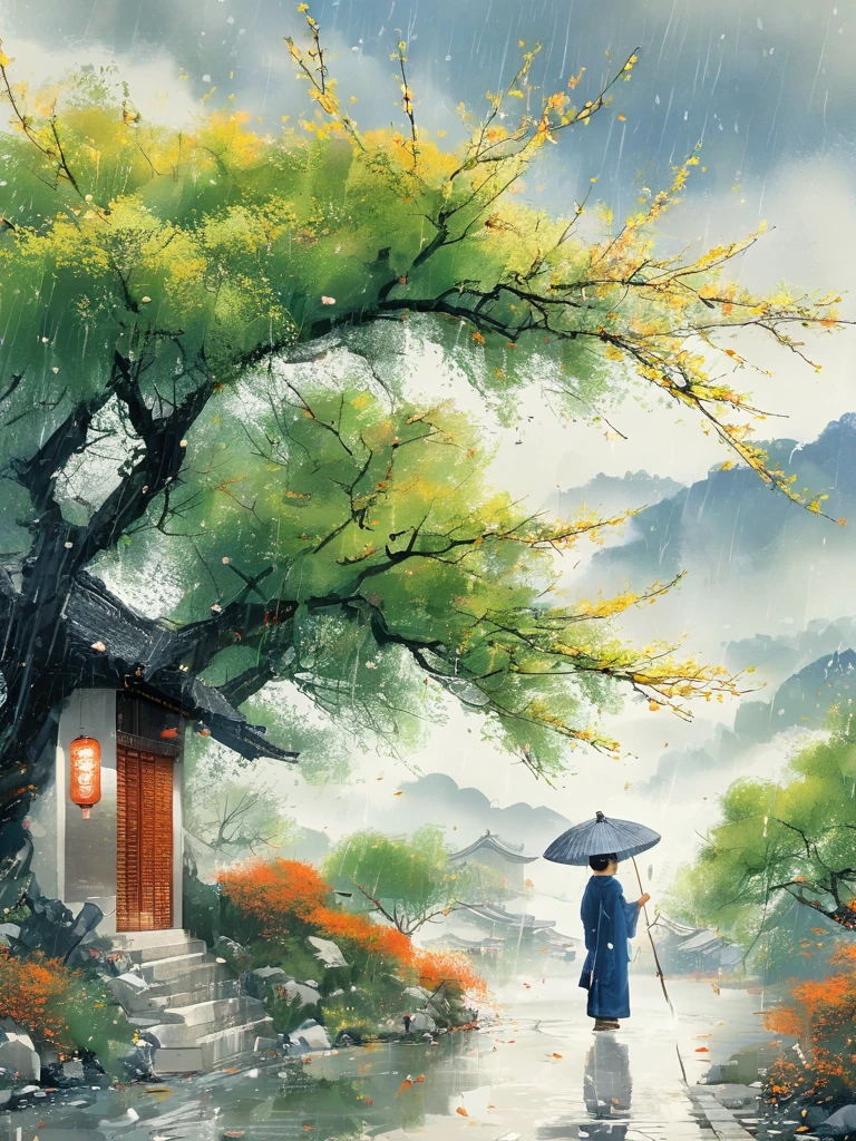1cgrssh1, Cai GuoRUN's illustration style, Rainy Qingming season, Under a willow tree, A shepherd boy, amidst the rain, points into the distance, indicating the direction to Apricot Blossom Village, spring is full of freshness, rich details, spring scene, flat design, soft colors, vibrant tones, Chinese traditional painting elements, photorealistic, Minimal composition, High saturation and high contrast,rich light and shadow details, sharp contrast and clean lines