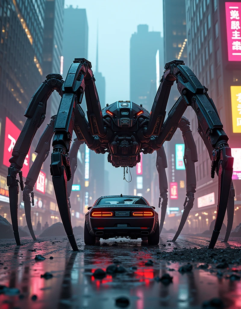 a photorealistic giant cyberpunk style mechanical metal spider sinking one of its legs into a parked vehicle destroying it, HD 4k high definition ultra realistic dynamic hyper realistic oled, Vibrant, subsurface dispersion, amazing fine detail, in a post-apocalyptic war game in the middle of a cyberpunk city of tall skyscrapers and neon advertising lights.