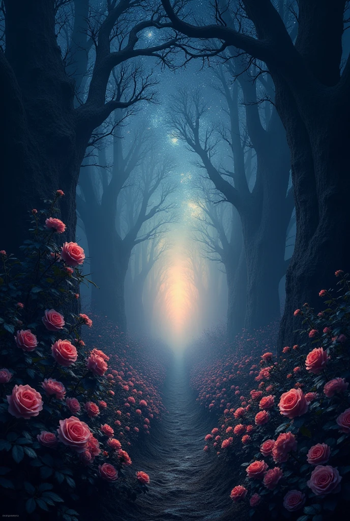 An image that is dark around, and in the center it becomes clearer like a light at the end of the tunnel, Below, many rose bushes full of thorns that climb up the image and sprout roses, besides having a starry sky at the top, in the center there must be a smooth part so that a poem can be added