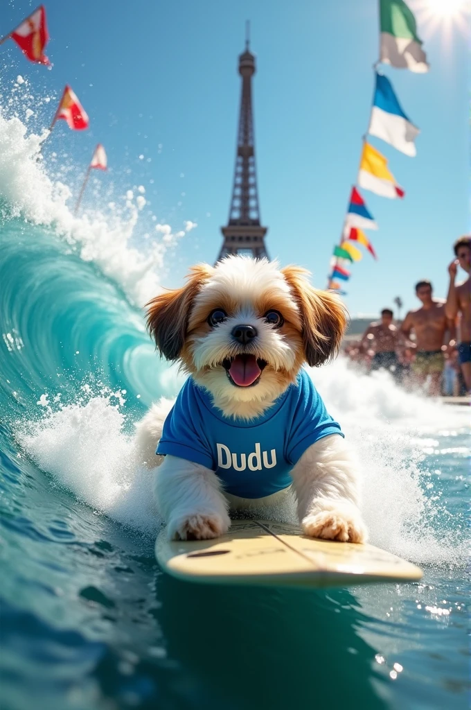 White and light brown Shitzu dog, light brown muzzle and light brown eyes, with blue shirt with Dudu written on it, surfing a tube on a big wave, at the 2024 Olympics, in paris.