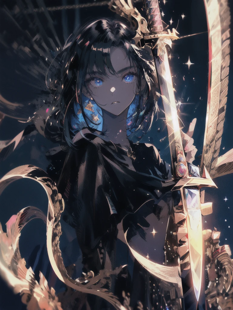 Holding a one-handed sword、Please take the black sword.、((masterpiece, highest quality, Super detailed, High resolution)), alone, beautiful girl, shining eyes, perfect eyes, 15 years old, black white gold theme,