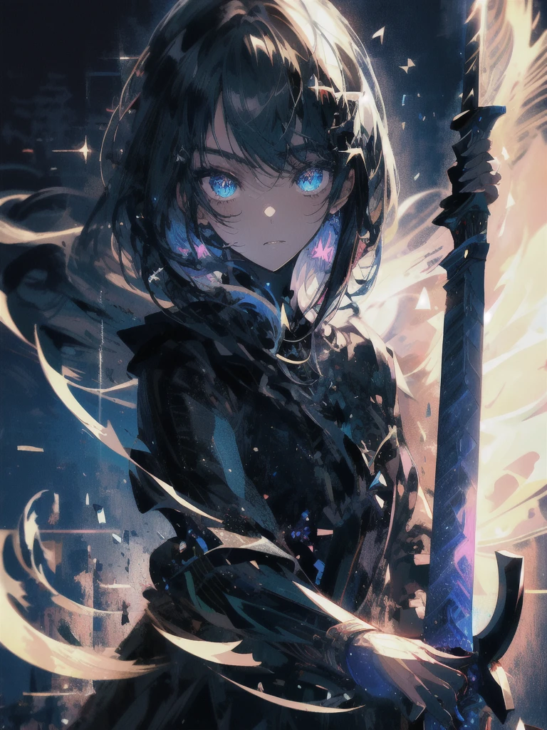 Holding a one-handed sword、Please take the black sword.、((masterpiece, highest quality, Super detailed, High resolution)), alone, beautiful girl, shining eyes, perfect eyes, 15 years old, black white gold theme,
