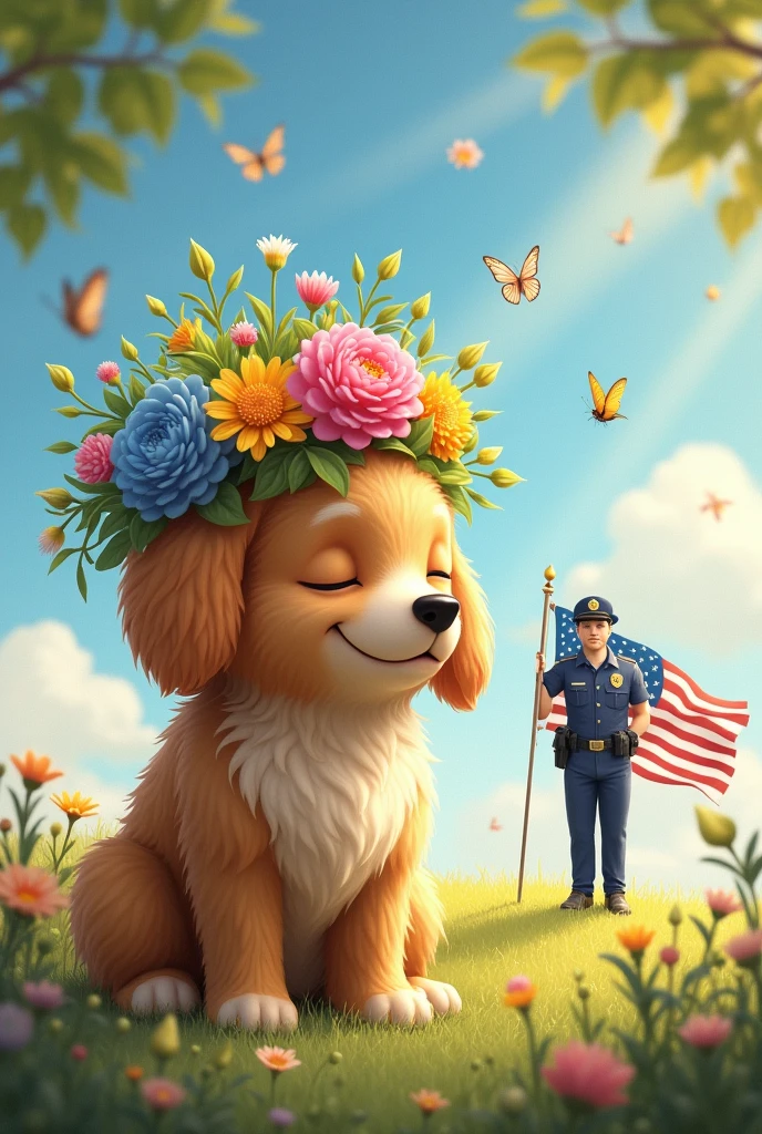 Make a dog lying on a bed with flowers on her head and dreaming about a policeman and the US flag in the background. 
