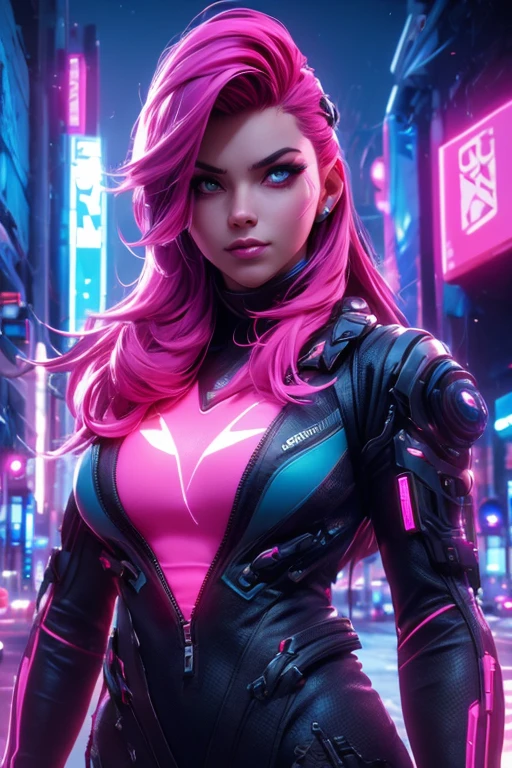 Superhero, sci fi female, cyberpunk, Xtreme, breasts, medium breasts, open blue vest, dirt on her clothes and face, black outfit, pink hair, dramatic lighting, realistic colors, highres, vivid colors, stunning neon city landscape background, 8K image quality, Masterpiece