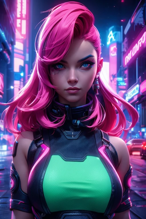 Superhero, sci fi female, cyberpunk, Xtreme, breasts, medium breasts, open blue vest, dirt on her clothes and face, black outfit, pink hair, dramatic lighting, realistic colors, highres, vivid colors, stunning neon city landscape background, 8K image quality, Masterpiece