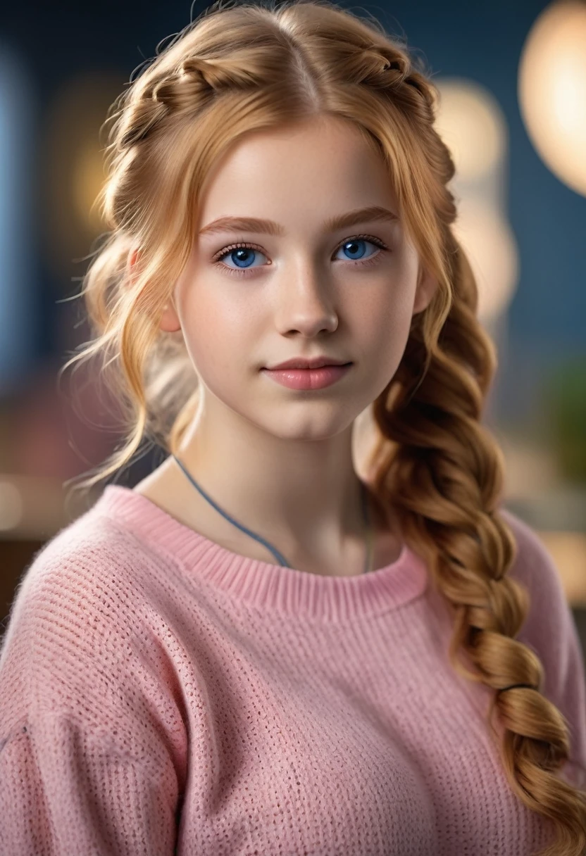 A young lady aged 16 yrs, with long strawberry blonde hair, wavy hair, tied in two pigtails. She is wearing a pink sweater, with blue jeans. Looking directly into the camera. She has tan skin and braces, constricted pupils, parted lips, large breasts, perfect lips, perfect nose, cute face, Hyperrealism, cinematic lighting, jpeg artifacts, bust chart, full body view, bokeh, textured skin, UHD, best quality, masterpiece, high details