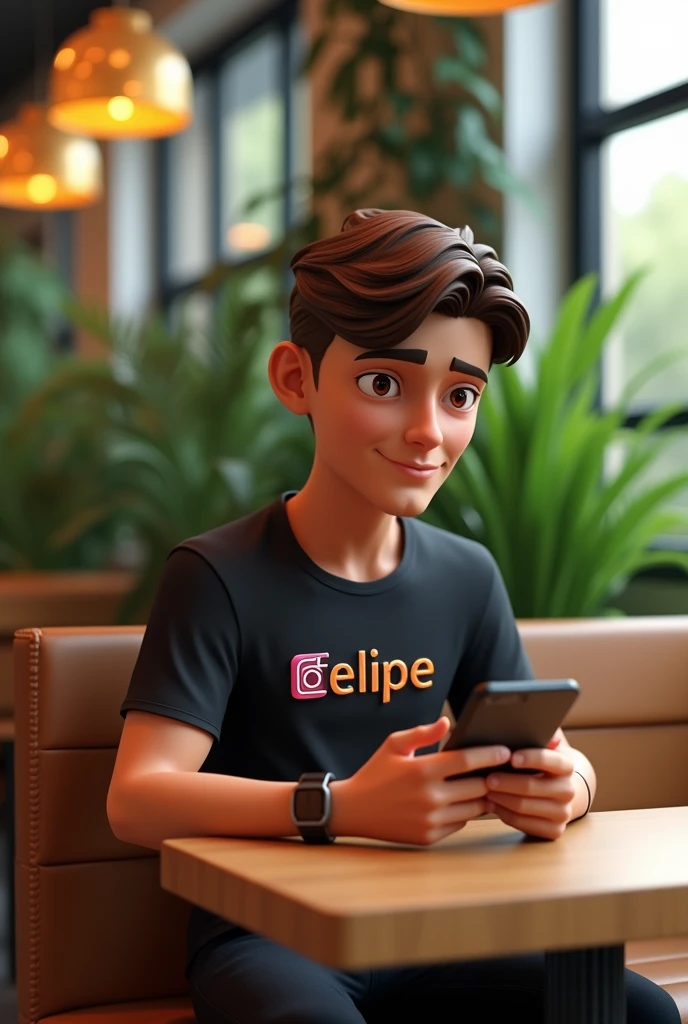 1 Personagens 3d brunette black shirt with name Felipe ofc above histagram icon sitting ......