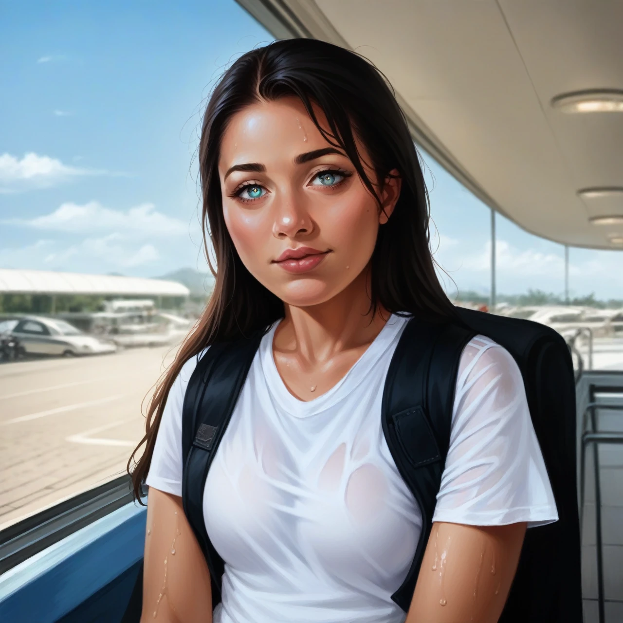 a woman with extremely large breasts, wearing a wet white shirt that clings to her body, photorealistic, detailed facial features, gorgeous eyes, stunning lips, incredibly detailed, 8k, realistic, masterpiece, hyperrealistic, dramatic lighting, dynamic pose, luscious curves, highly detailed, volumetric lighting, intricate details, glossy skin, ultra-detailed, impeccable shading, vibrant colors, exceptional rendering, cinematic composition
