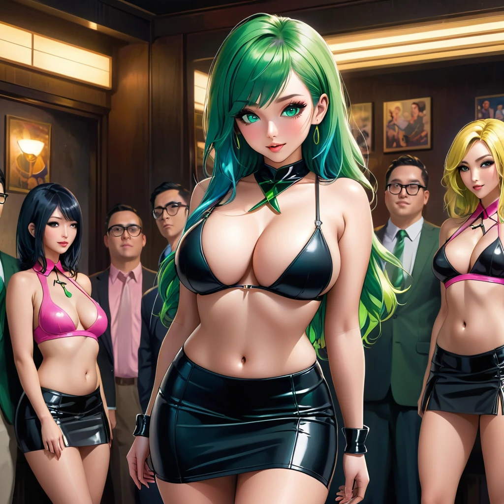 A vivid tableau of unbridled sexual liberation in the dimly-lit, intimate setting of Anal Club No. 2. Vin, a 25-year-old human female with piercing blue eyes and flowing emerald-green hair, stands confidently in the center, wearing a revealing office micro-top that showcases her medium-sized, perky breasts and a matching mini-skirt that leaves little to the imagination. Her high-pumped heels elongate her already shapely legs, giving her an air of playful allure. To her left, Naz, a 30-year-old woman with sultry green eyes and short, sulky blond hair, flaunts her medium-sized, perky breasts in a slingshot bra and a tight black mini-skirt that accentuates her voluptuous ass. Her high-heeled stripper boots add an edgy touch to her allure. On Vin's right, Jae, a 25-year-old Asian beauty with golden eyes, completes the trio in a pink slingshot swimsuit and micro-skirt that perfectly frame her large, perky breasts and sexy figure. The three of them are surrounded by a rapt audience of 12 young, eager geeks, all devoted members of the Anal Club.