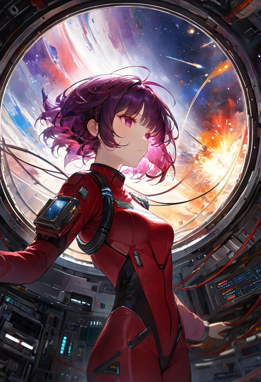 (masterpiece, top quality, best quality, extreme detailed, highest detailed, official art, beautiful and aesthetic:1.2), colorful, cowboy shot, beautiful face, solo, perfect body, 1girl, in space, spacecraft, spacesuit, sun rays, indoors, (wires and cables:1.1), (science fiction:1.2), porthole, illuminator, stars,fantasy, high contrast, ink strokes, explosions, over exposure, purple and red tone impression , abstract, ((watercolor painting by John Berkey and Jeremy Mann )) brush strokes, negative space,