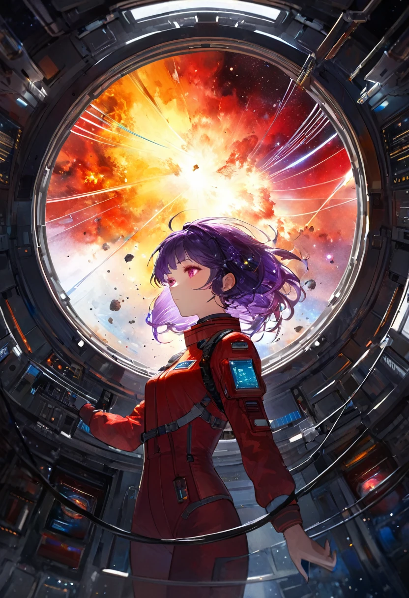(masterpiece, top quality, best quality, extreme detailed, highest detailed, official art, beautiful and aesthetic:1.2), colorful, cowboy shot, beautiful face, solo, perfect body, 1girl, in space, spacecraft, spacesuit, sun rays, indoors, (wires and cables:1.1), (science fiction:1.2), porthole, illuminator, stars,fantasy, high contrast, ink strokes, explosions, over exposure, purple and red tone impression , abstract, ((watercolor painting by John Berkey and Jeremy Mann )) brush strokes, negative space,