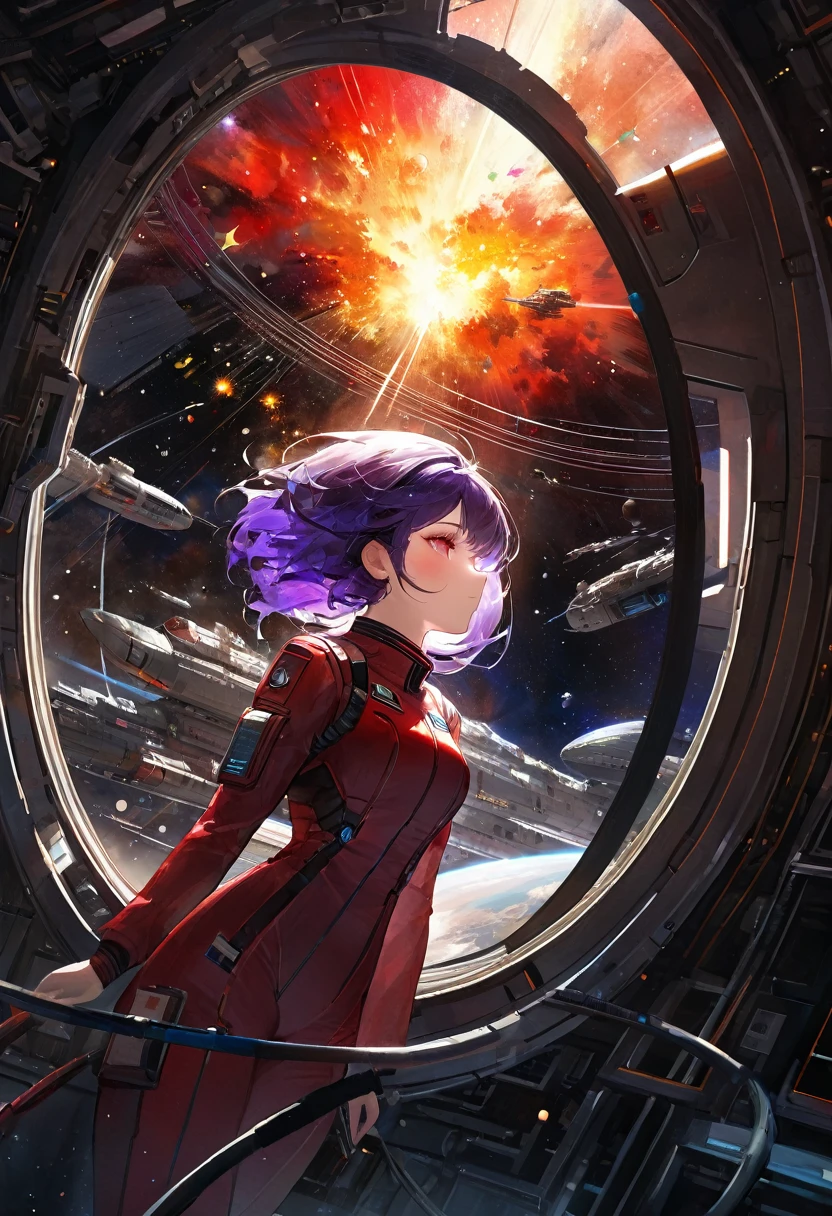 (masterpiece, top quality, best quality, extreme detailed, highest detailed, official art, beautiful and aesthetic:1.2), colorful, cowboy shot, beautiful face, solo, perfect body, 1girl, in space, spacecraft, spacesuit, sun rays, indoors, (wires and cables:1.1), (science fiction:1.2), porthole, illuminator, stars,fantasy, high contrast, ink strokes, explosions, over exposure, purple and red tone impression , abstract, ((watercolor painting by John Berkey and Jeremy Mann )) brush strokes, negative space,