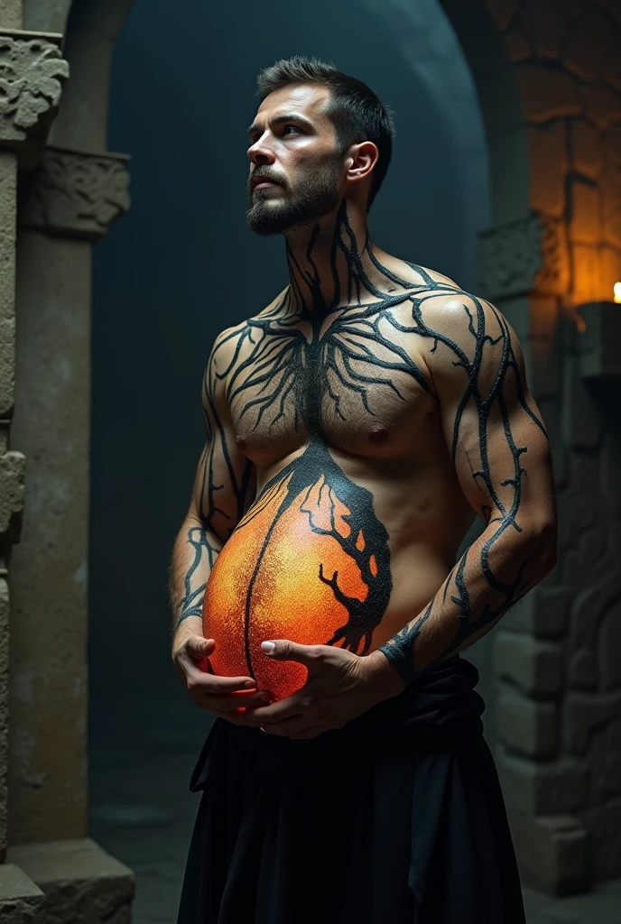 male gender man pregnant with a big demon that makes him have black veins all over his body