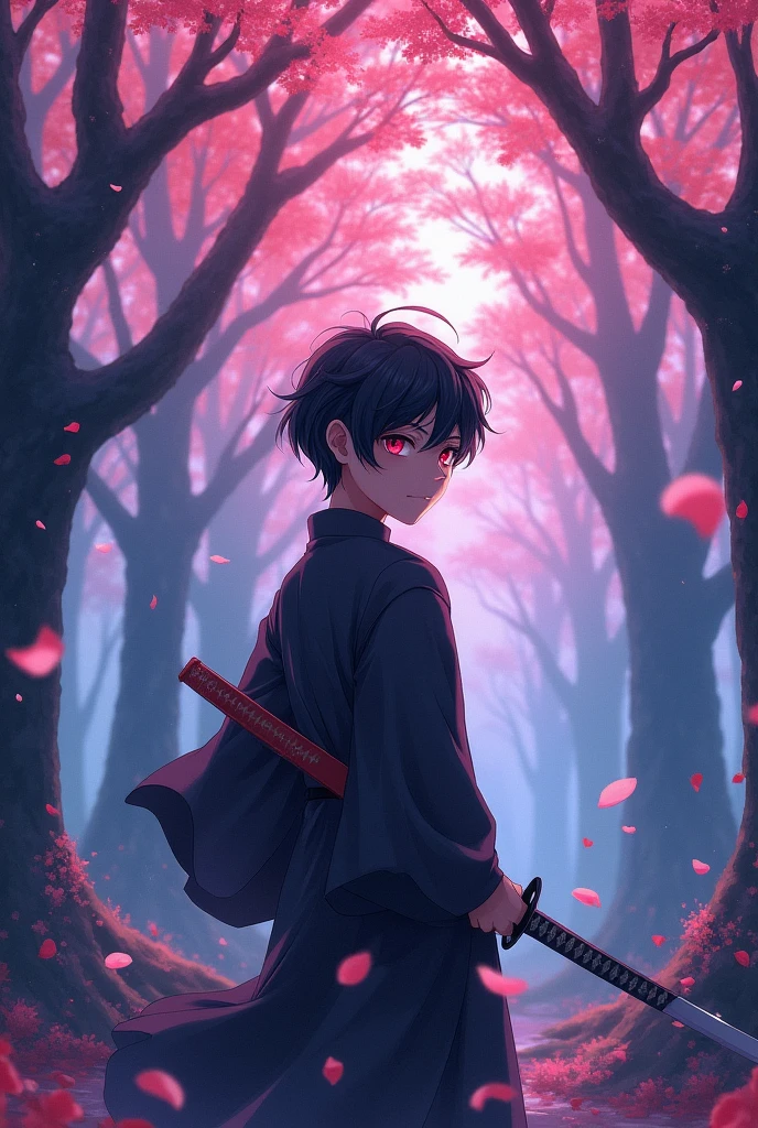 Boy with black hair, red eyes, with a katana, anime art style