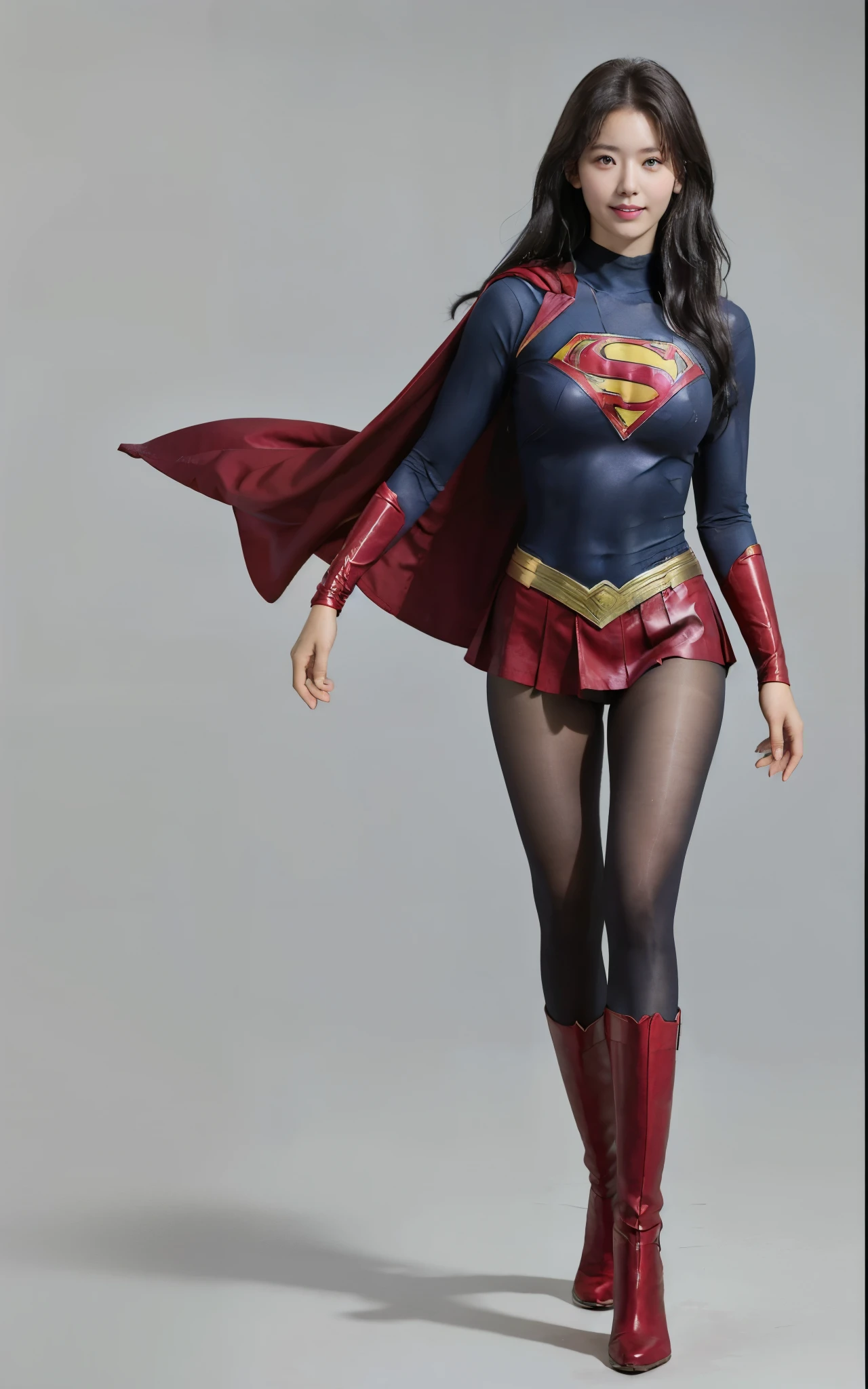 No background、(((Beautiful legs in black tights.)))、(((Legally express the beauty of your smile)))、((((Make the most of your original images)))、(((Supergirl Costume)))、(((Beautiful Hair)))、(((suffering)))、(((Please wear black tights....、Wear red boots)))、((Best image quality、8k))、((Highest quality、8k、masterpiece:1.3))、(((Preserve background )))、Sharp focus:1.2、Beautiful woman with perfect figure:1.4、Slim Abs:1.2、Wet body:1.5、Highly detailed face and skin texture、8k