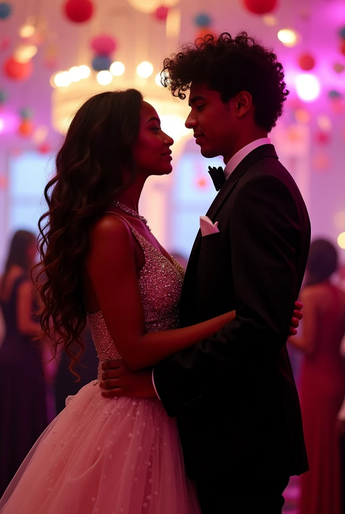 black 16 year old girl curvy) (long curly hair and gorgeous. Rhinestone dress) (looking at each other intensely) Mexican boy ( who is 16 with black curly hair. Tuxedo)(he is also really attractive (in prom) (hands around her neck)