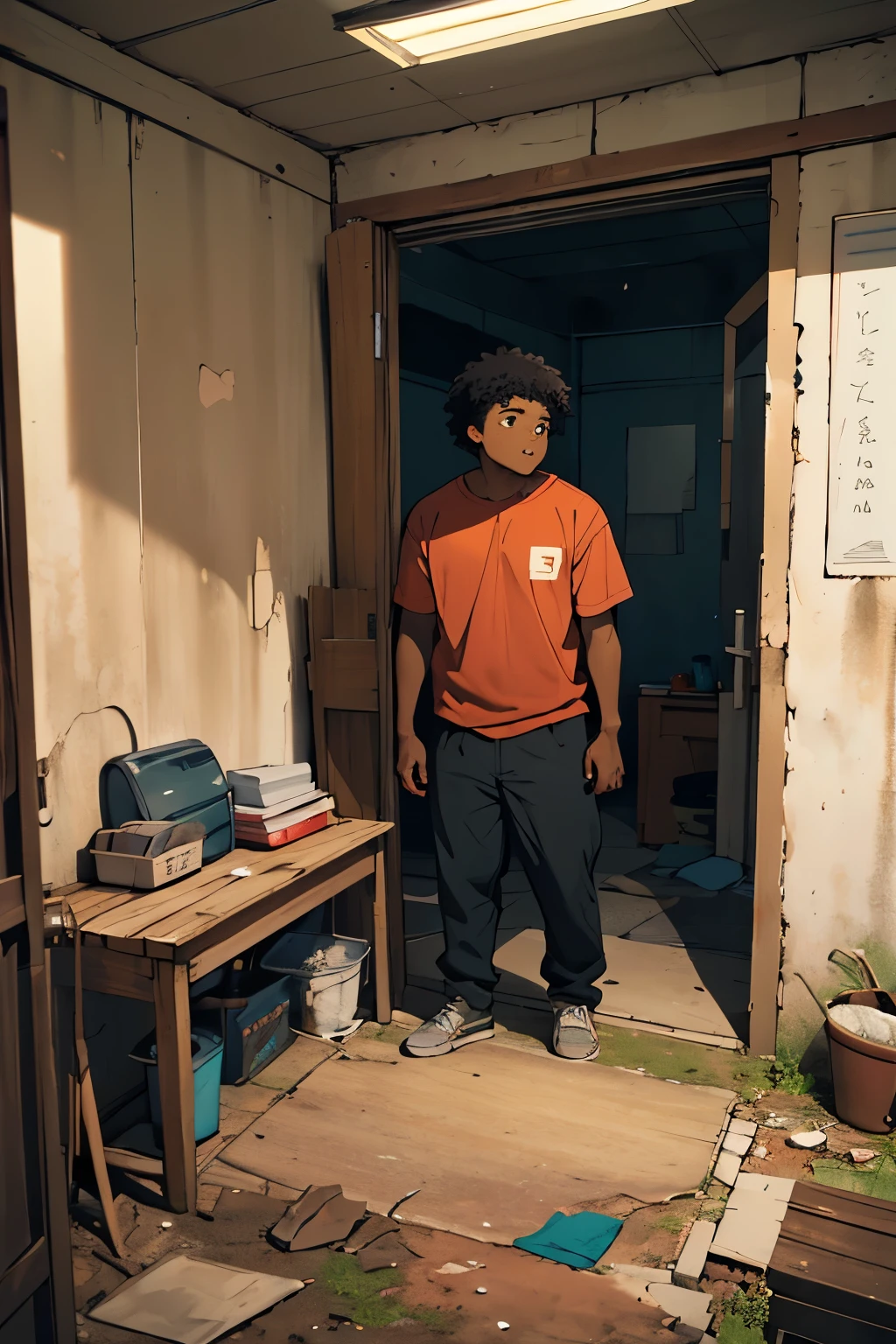 A humble house, with worn walls and simple furniture. A black man who looked like he was about 15 years old , with simple clothes and a hopeful look, open the door for your mother, a black woman with curly hair and a face marked by fatigue after a long day of work.