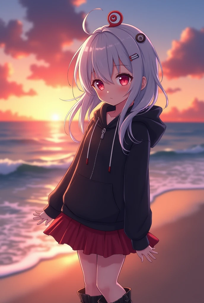 sea, beach, sunset, (lineart) anime scene, nice colors, deep colors, anime shot, nice background, detailed background, ((slightly blurred background)), masterpiece, illustration, intricate detailed eyes, 1girl, ((standing)) white hair, ((long hair)), messy hair, spiral ahoge, red eyes, black hoodie, red skirt, bovver boots