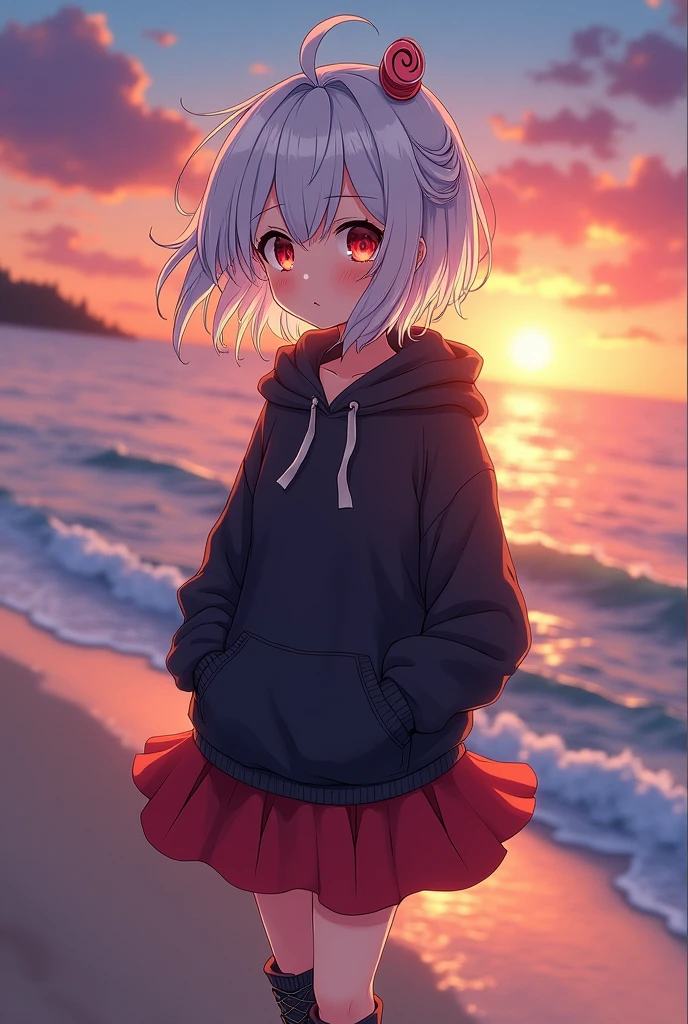 sea, beach, sunset, (lineart) anime scene, nice colors, deep colors, anime shot, nice background, detailed background, ((slightly blurred background)), masterpiece, illustration, intricate detailed eyes, 1girl, ((standing)) white hair, ((long hair)), messy hair, spiral ahoge, red eyes, black hoodie, red skirt, bovver boots