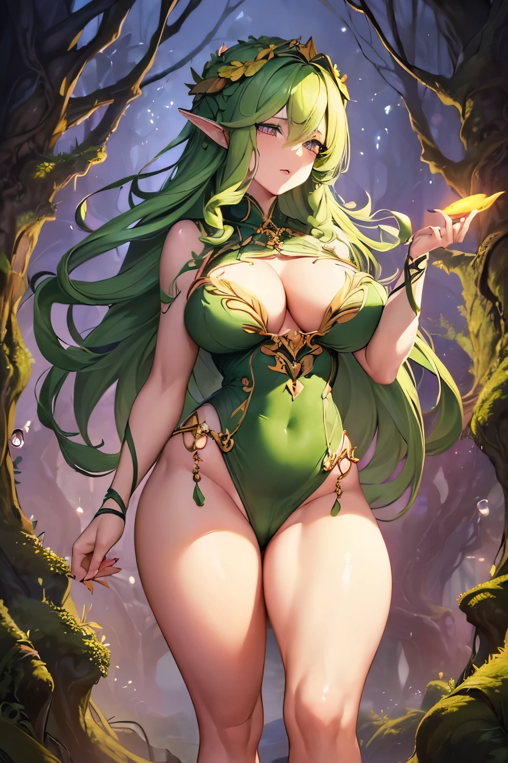 (Female dryad:1.3), hyper realistic, (insanely detailed), woman, standing, facing the viewer, frontal view, (hd, hdr, hq, fhd, uhd), fine details, (best quality), (masterpiece), high resolution, noise reduction, (perfect lighting), (nature dress:1.2), (leaf style outfit:1.2), (green skin:1.2), (thick tendrils:1.1), (detailed tendrils), (long roots:1.2), (controling the tendrils:1.2), (tendrils around the woman:1.2), (detailed roots), (detailed face and eyes:1.2), (perfect anatomy), (round breasts), (bubble butt), (wide hips:1.1), (slim waist:1.1), (thick thighs:1.1), (detailed background), (perfect nails:1.1), (detailed hand and finger:1.2), (medium breasts:1.2), (busty), (deep cleavage:1.2), (labia outline:1.3), (hard teat:1.3).