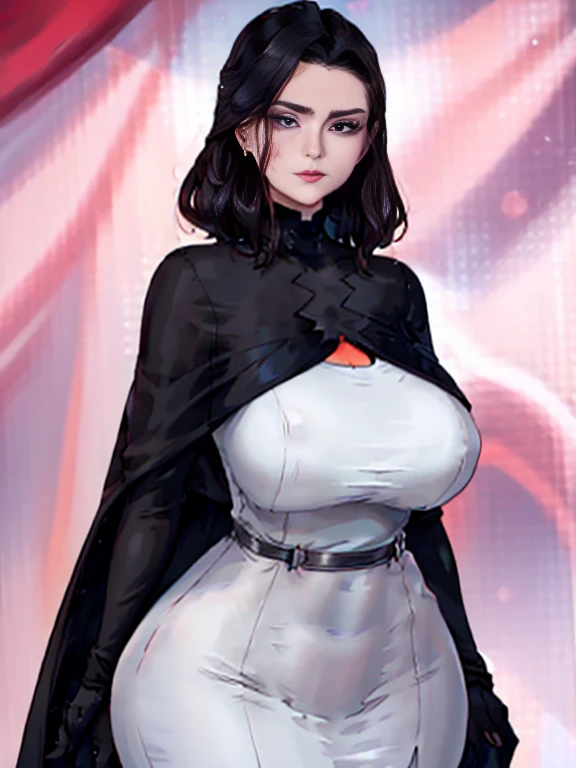 "The woman stands out in her elegant ensemble, featuring a form-fitting black dress that tastefully accentuates her curvy silhouette. The dress, paired with a flowing black cape, not only underscores her voluptuous figure but also adds a touch of drama. Her generous bust, a prominent aspect of her physique, is subtly highlighted by the cut of the dress, which celebrates her feminine contours without undue emphasis on specific measurements. The breasts measuring 118.5 cm in diameter."