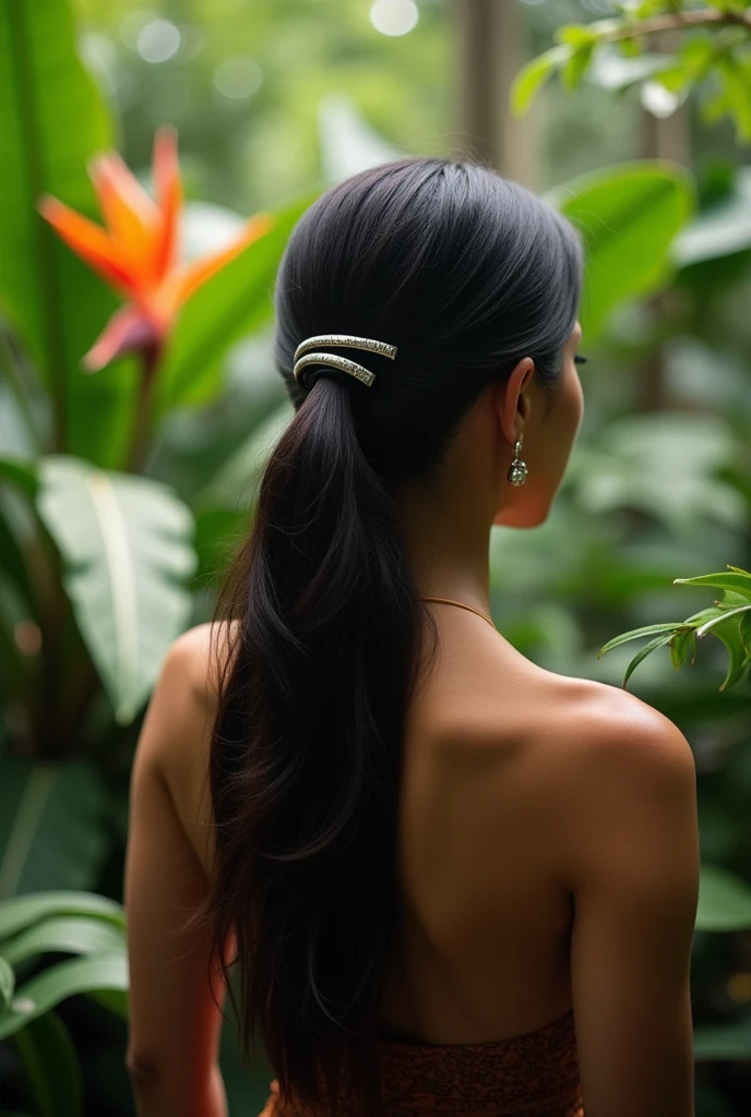 Polynesian woman seen from behind, no profile, cheveux long attaché avec une  barrette noire , sur fond de jungle