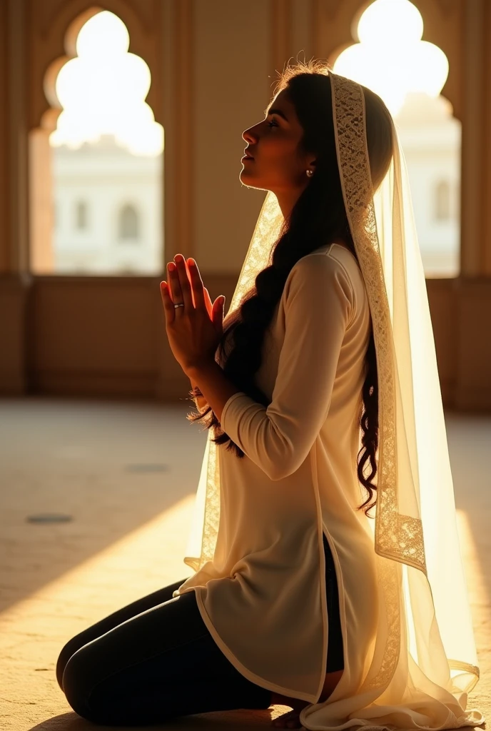 An indian beautiful young woman wearing white punjabi top and black jeans with long thick black hair braided upto her waist and her head covered with veil praying to God on her knees with her hands praising God