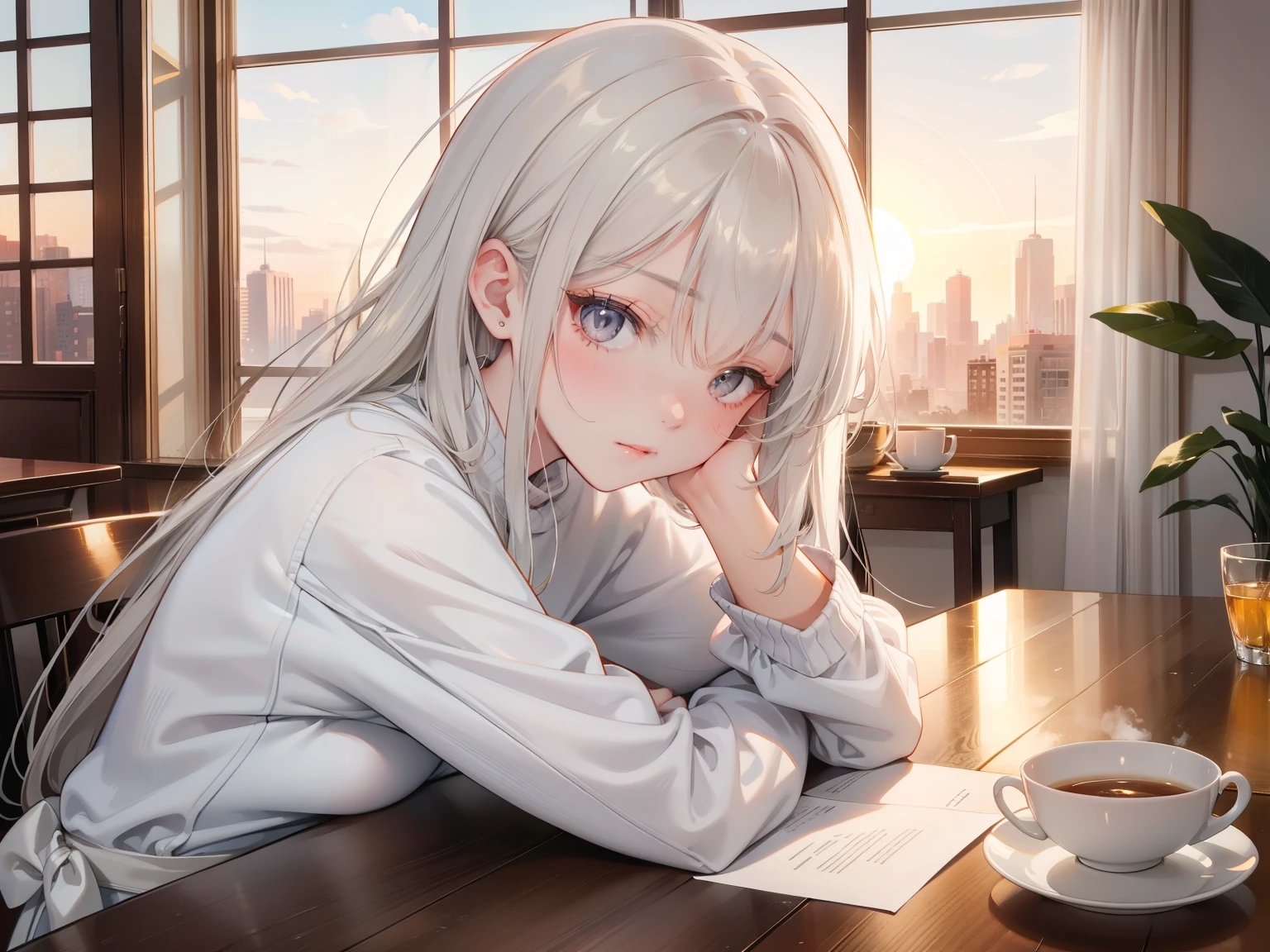 A girl with striking grey eyes, long grey hair, sleeping at the table, cozy home wear, chinese tea, sunset through the window, ordinary apartment, (best quality,4k,8k,highres,masterpiece:1.2),ultra-detailed,beautiful detailed eyes,beautiful detailed lips,extremely detailed eyes and face,longeyelashes,beautiful girl,elegant,serene,tranquil,soft lighting,warm tones,golden hour,cozy interior,realism,slim girl