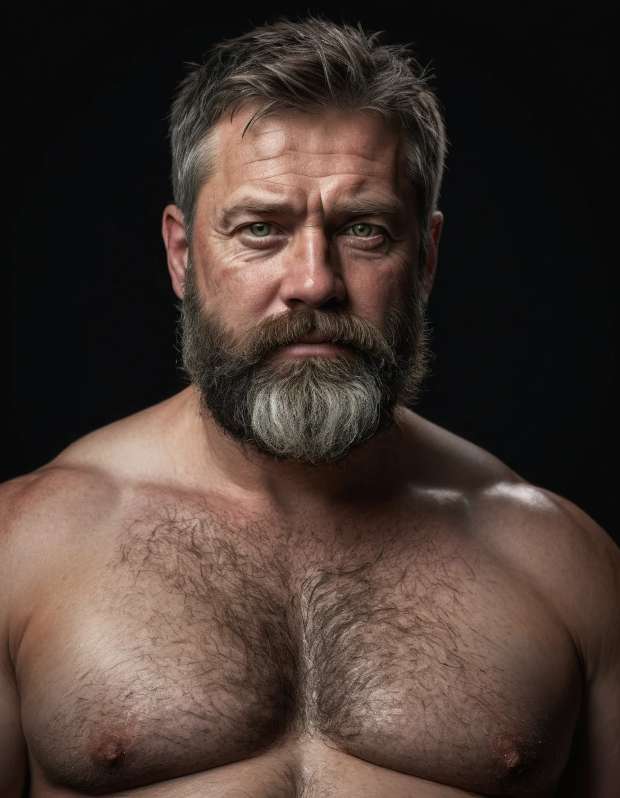 "Capture an 8K, hyperrealistic portrait of a man around 50 years old. He has very short military-style fade haircut, with a rugged beard that gives off a lumberjack vibe. His piercing green eyes gaze directly at the viewer. The scene shows the man from the chest up, revealing his heavily hairy chest and the top of his stomach, showcasing a chubby physique. He is shirtless against a deep black background, with a clear, bright studio lighting effect illuminating evenly across his face and body. The image should focus on the intricate details of his facial features, beard texture, and chest hair, rendered in the hiperrealista style. Drawing inspiration from Greg Rutkowski's photography, maintain a high level of realism while highlighting the man's rugged and natural appearance."