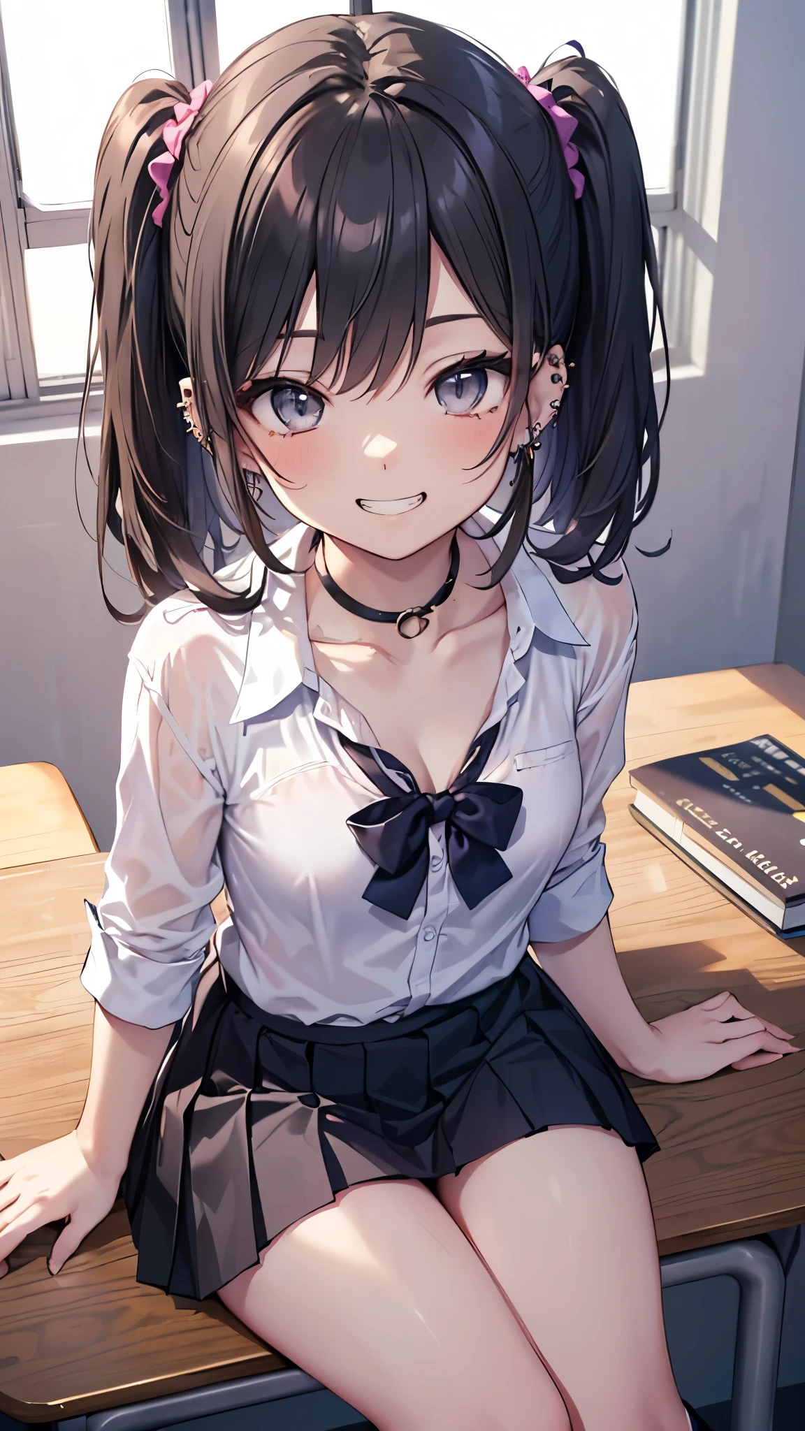 ((masterpiece、Highest quality、Very detailed))、One person、gyaru、Black Hair、Long Hair、twintails、Grey Eyes、evil smile、((Grin))、((lots of piercing))、Small breasts、((White collared shirt))、((clavicle))、cleavage、((Black pleated skirt))、((micro miniskirt))、Cowboy Shot、Sit at a desk、Shoot from above、Classroom Background