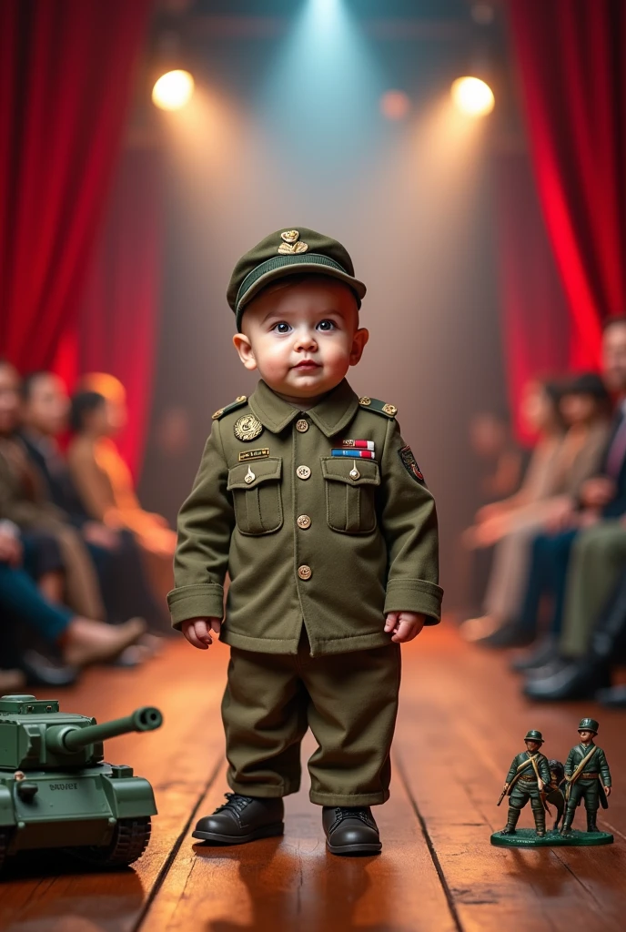Cute baby with very big head wearing military infantry uniform and military hat in realistic full body fashion show