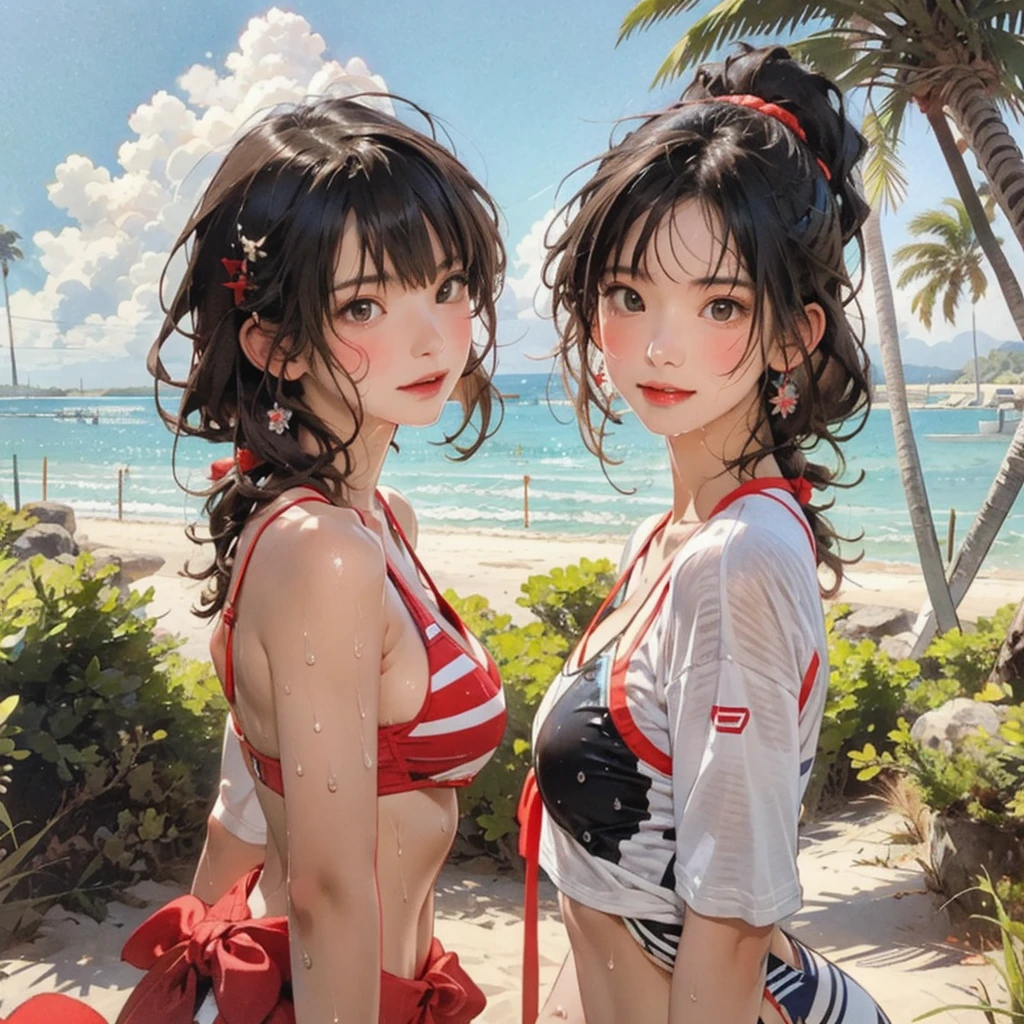 ((highest quality, masterpiece, High resolution)), ((reality)),Photos of beautiful Japanese women,((anime art))、 (((1 girl))), normal size breasts, slim body shape, long ponytail,double eyelid, Wet see-through bikini, A pareo with bold ethnic patterns and plenty of primary colors、(Brown skin:1.4),realistic skin、Wet,whole body,cinematic light、tropical、Against the background of palm trees on both sides、on a sunny beach、With the sea in the background、blur background、smile