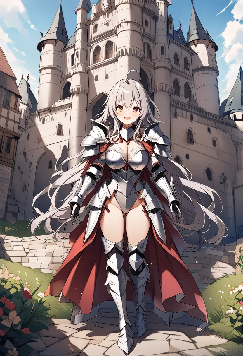 Woman knight、a beauty girl、huge tit、Excellent style、Nice Buddy、glamorous、leotard、s Armor、Bra chest armor、knee boots、gauntlets、hair adornments、silber hair、Longhaire、Ahoge、a medieval castle、is standing、full body seen、Outside the castle、natta、a smile、slightly open mouth