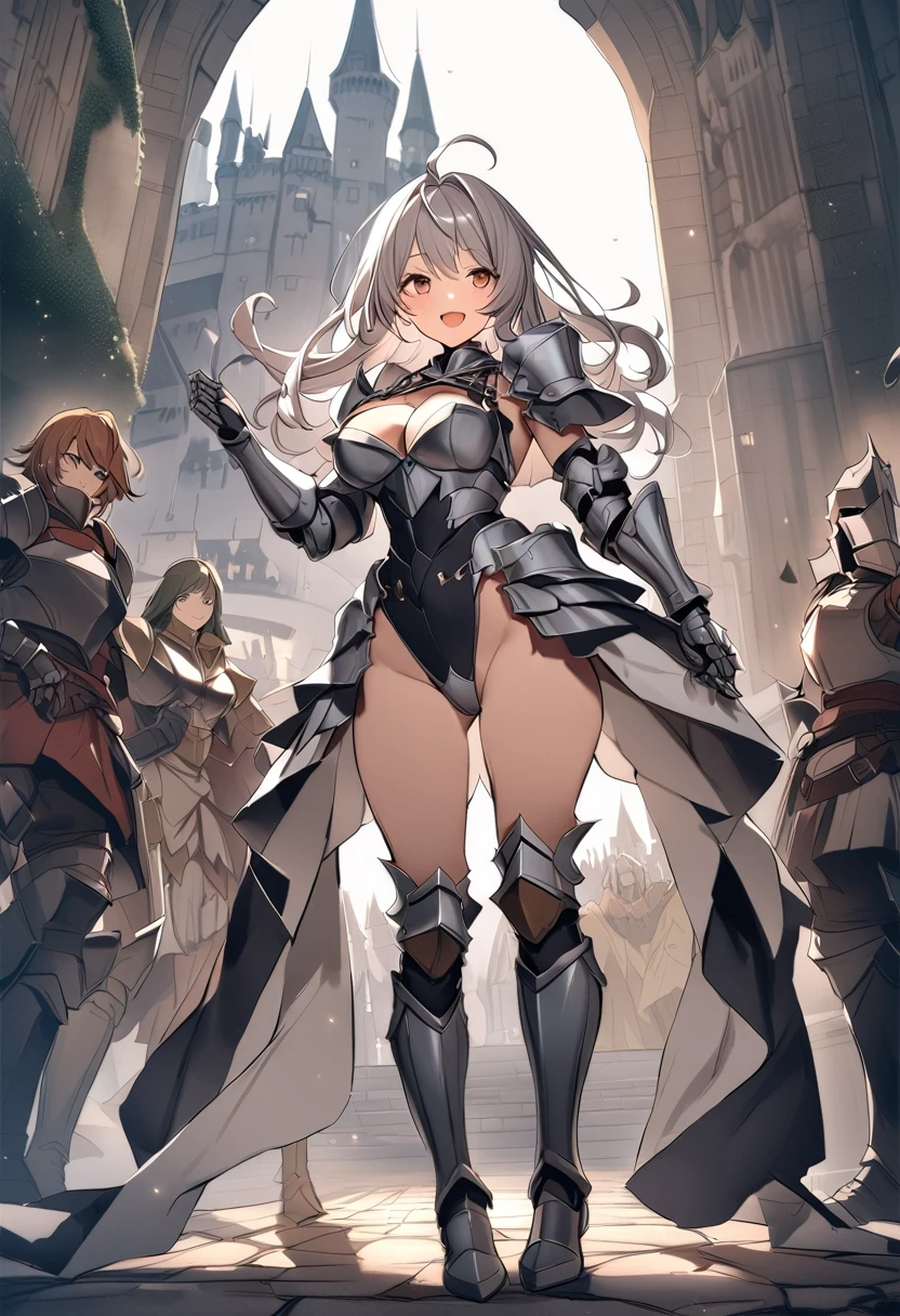 (milf), (((mature female,adult female))),masterpiece, Top Quality, ultra-definition, max resolution, A highly detailed, clean skin, extremely sexy,large breasts,blush,high legs,thong,armor girl, bikini armor female knight, Bikini Armor, bikini-armor, bikini-armor, ornate bikini armor, Female knight, Gorgeous Female Paladin,Beautiful armor,cleavage,over-knee sock,in palace,