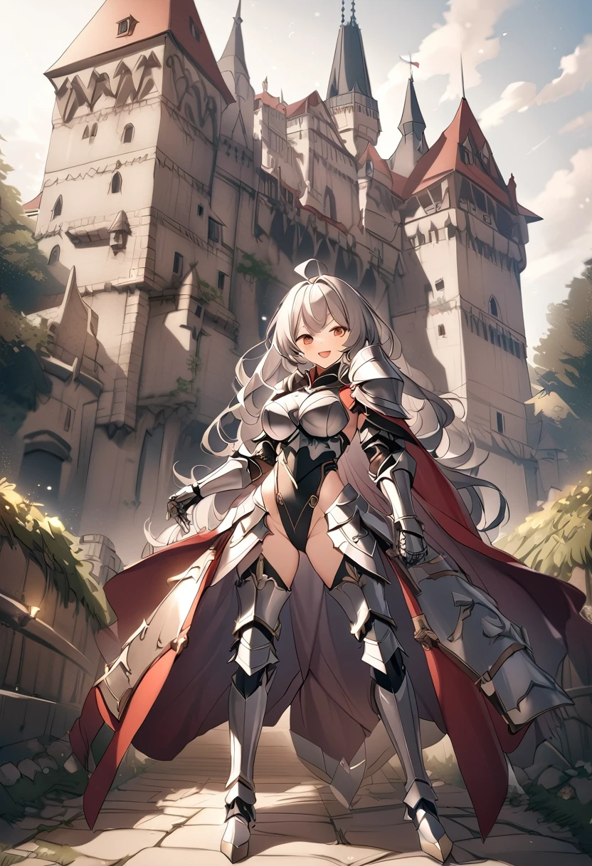 Woman knight、a beauty girl、huge tit、Excellent style、Nice Buddy、glamorous、leotard、s Armor、Bra chest armor、knee boots、gauntlets、hair adornments、silber hair、Longhaire、Ahoge、a medieval castle、is standing、full body seen、Outside the castle、natta、a smile、slightly open mouth