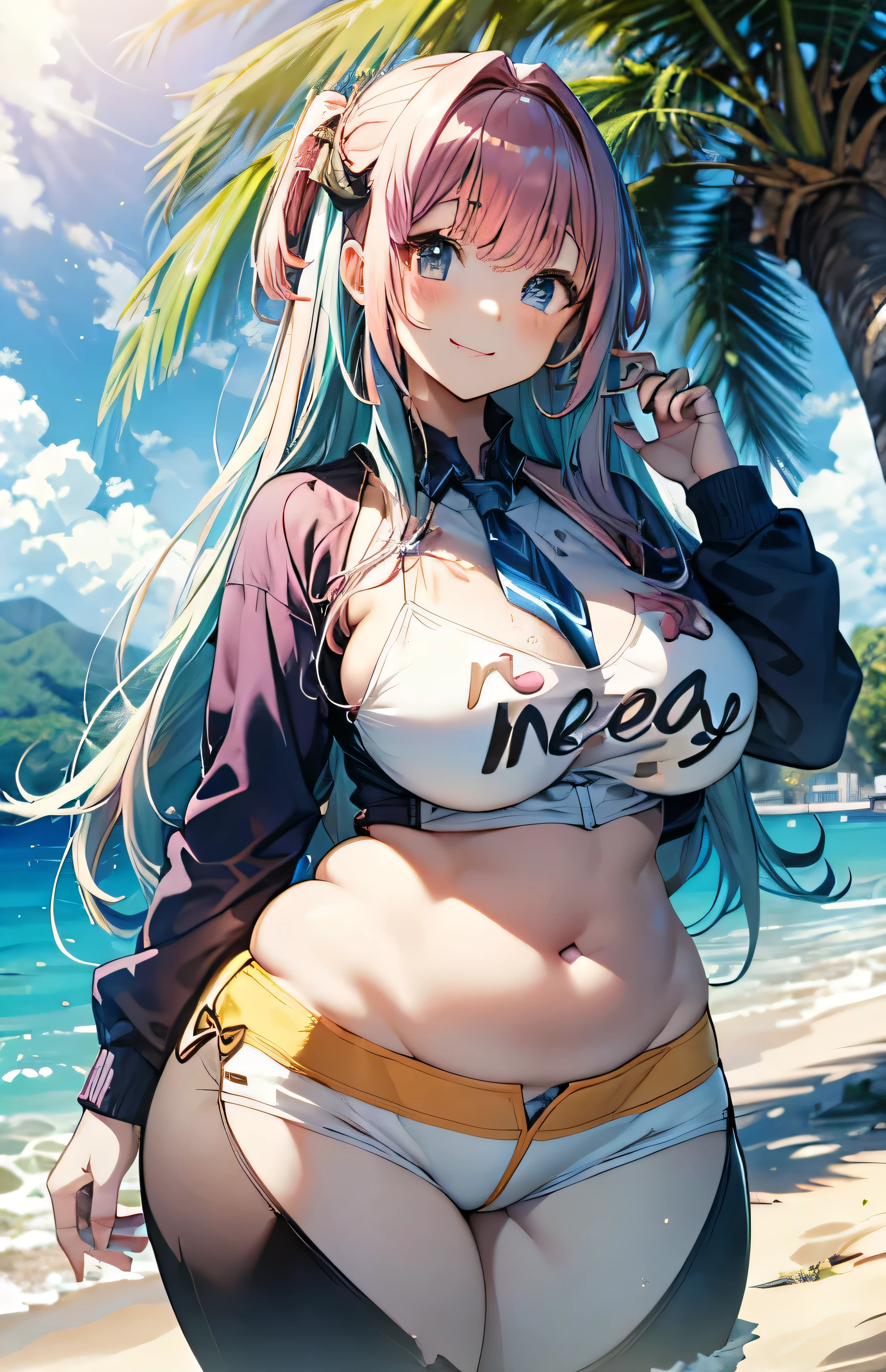 Anime illustration ((((neo)))) 、highest quality、A short and plump high school girl、bikini pants、Sandy Beach、Perfect proportions、overwhelmingly big breasts、Beautiful, shining eyes、Blushed、smile、Cowboy Shot, (BIKINI PANTS) (((PINK HAIR)))