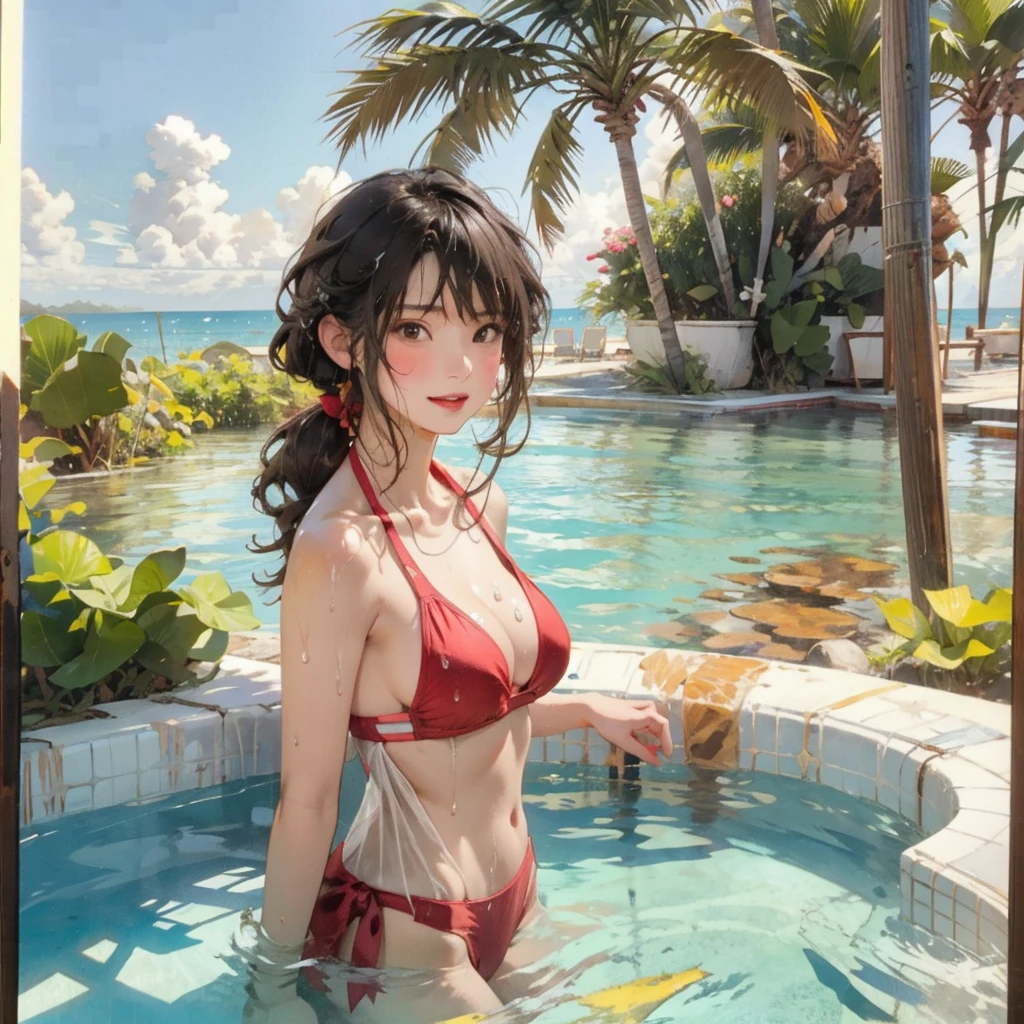 ((highest quality, masterpiece, High resolution)), ((reality)),Photos of beautiful Japanese women,((anime art))、 (((1 girl))), normal size breasts, slim body shape, long ponytail,double eyelid, Wet see-through bikini, A pareo with bold ethnic patterns and plenty of primary colors、(Brown skin:1.4),realistic skin、Wet,whole body,cinematic light、tropical、Against the background of palm trees on both sides、on a sunny beach、With the sea in the background、blur background、smile