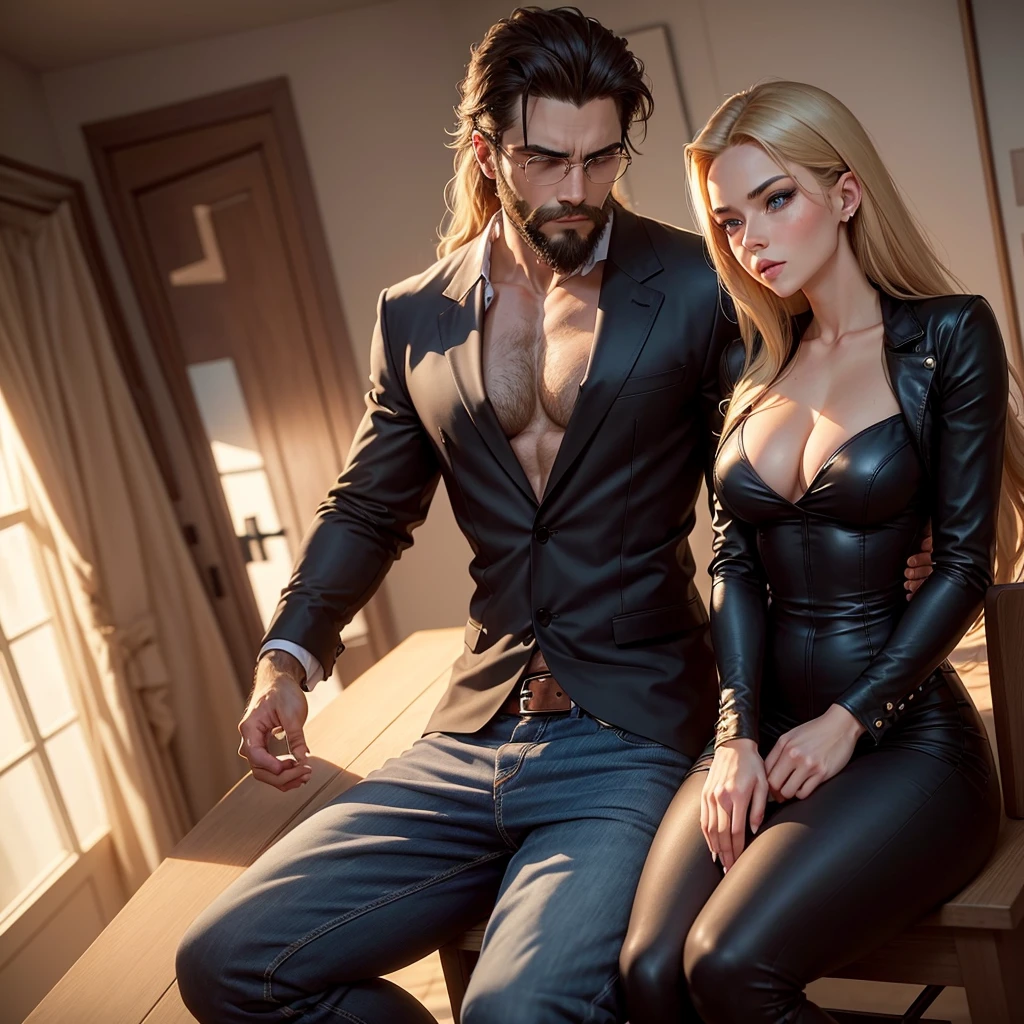 To visualize or communicate the concept of a threesome, the image can be described like this:
Create an image
**Central Character (Woman):**
- The woman in the center is young and blonde, with long hair that falls in soft waves over her shoulders. Your eyes are an intense blue, radiating confidence and seduction. She wears a tight red dress that highlights her curves perfectly.. or tecido, probably silk or satin, shimmers subtly under the light, giving the look a mix of elegance and sensuality.
- or vestido tem um decote discreto, enough to enhance your femininity without overdoing it. Your posture is confident, with one hand resting lightly on the hip, suggesting that she is in control of the situation and comfortable between the two men surrounding her.
**man on the left (or Homem Elegante):**
- To the left, a man with short brown hair, meticulously arranged, with a full beard that frames his face. His dark eyes exude mystery and determination.. He wears an expensive dark colored suit, maybe black or navy blue, with a white shirt underneath and a tie that complements the outfit.
- Your posture is firm and protective, possibly with hands in pockets or at sides, watching the woman with a possessive expression, as if he was watching over her, but also asserting his place alongside her.
**Man on the Right (or "bad boy"):**
- or homem à direita tem cabelos castanhos escuros que chegam até os ombros, a little disheveled, giving it a more rebellious air. your eyes are blue, contrasting with its casual and seductive look. He has a beard, which accentuates its casual and charming appearance.
- He wears a partially open button-down shirt, revealing a little of the chest, and a pair of jeans. over, he wears a black leather jacket, which reinforces its image of "bad boy". Your posture is relaxed, leaning slightly towards the woman, suggesting a more intense and passionate interest.
**Trisal Dynamics:**
- The woman is sitting
