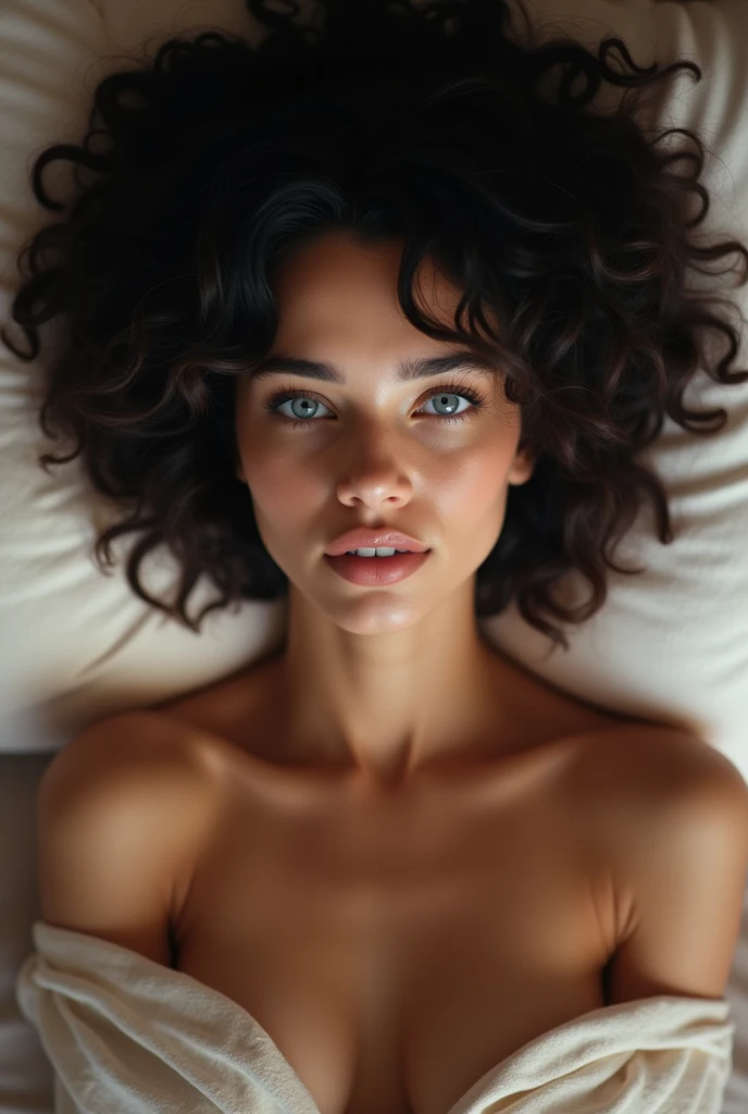 young latin woman , blue eyes, short black curly hair, lying face down on the bed, unclothed, whole body, photographed from above, whole body, realist, High Definition., Realism, hyperrealism, UHD, super detail, high details, high quality, best quality, highres