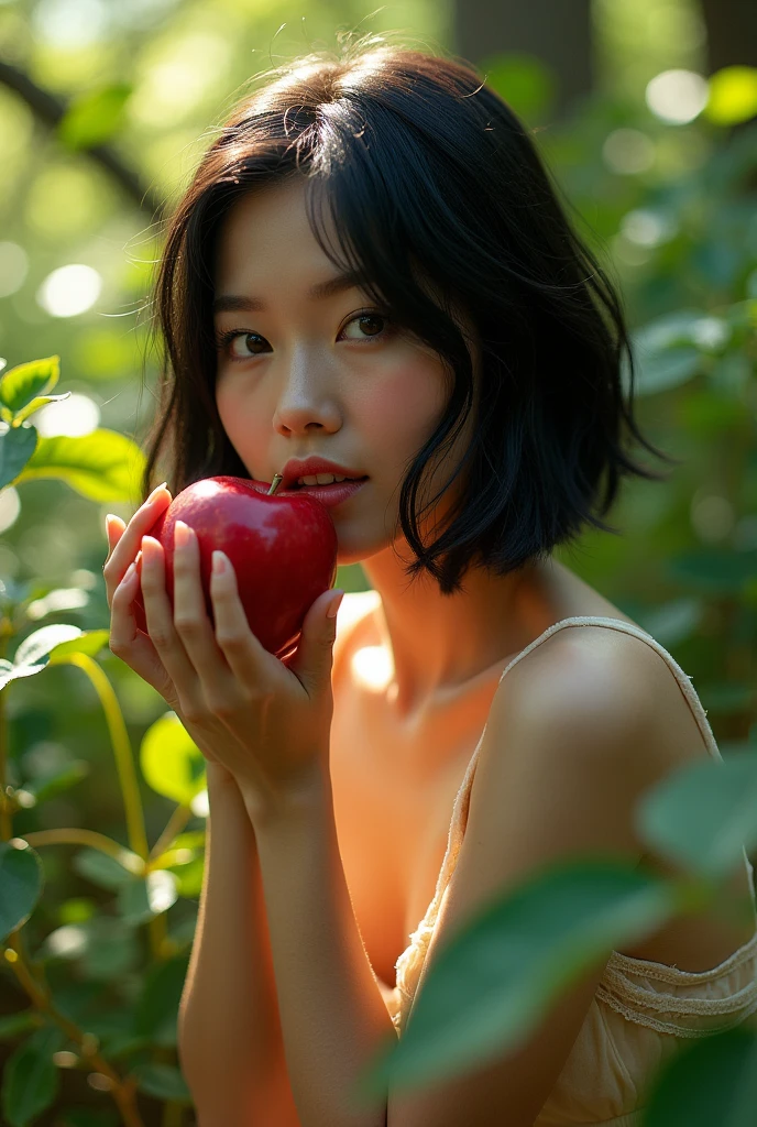snow white,beautiful white girl, short black hair, eating an ultra-realistic red apple, detailled image, sexy look