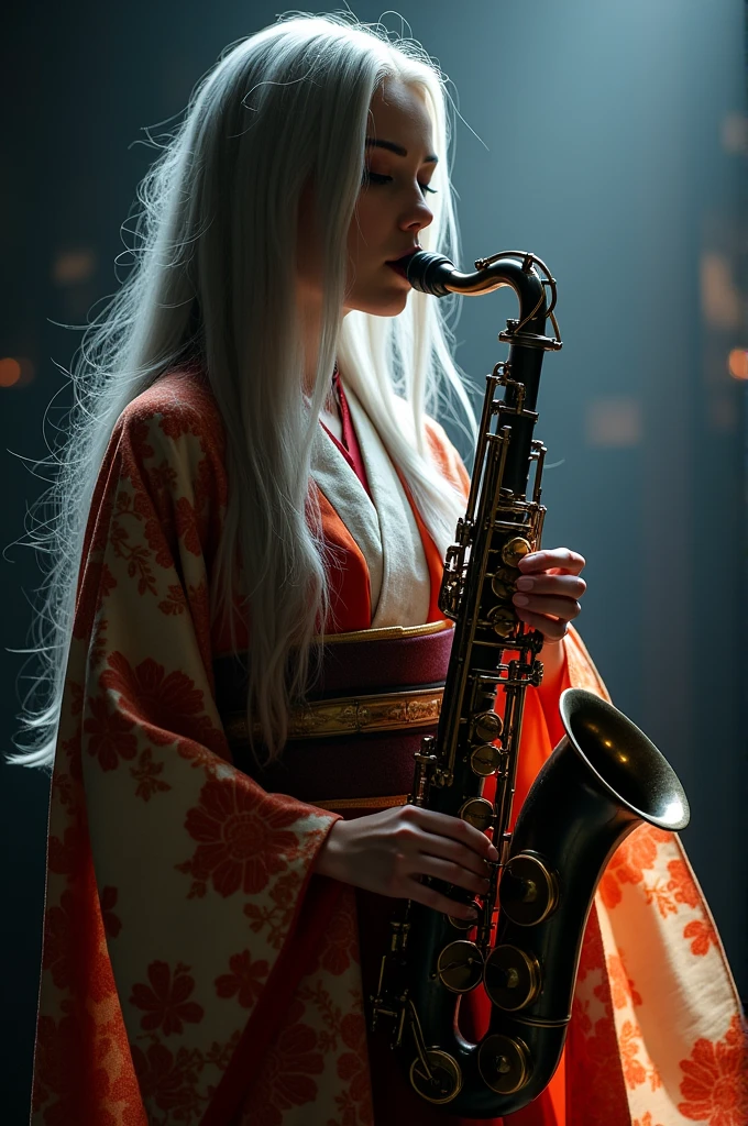 Raiden Shogun, the ruler of Inazuma, sits on a stage lit by dim lights, with his saxophone in his hand. Her long silver hair falls softly to her sides as she concentrates on the music.. His eyes shine with passion as he blows into the instrument., creating a soft, melancholic sound that fills the air. Her traditional Japanese dress, with vibrant colors and intricate designs, moves gently to the rhythm of the music. The illusion of Raiden Shogun playing the saxophone is of unmatched beauty and elegance..