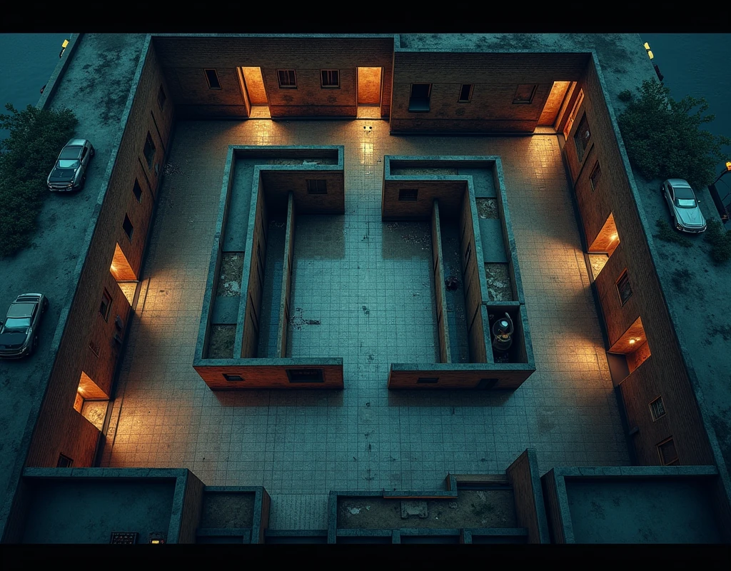 vampire the masquerade, map rpg, ((Plan of a floor of a building, seen from the inside, U-shaped construction shape.)), game art, birdseye straight top-down shot from a drone, battlemap, current modern theme, seen from above, role-playing game, empty location, nighttime environment, (with realistic proportions and textures, intricate details, handdrawn, vibrant, cinematic lighting, masterpiece, 8k:1.2)