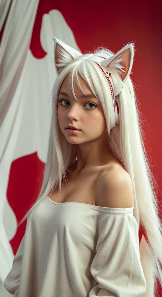 masterpiece, highest quality , enlightenment,1 perfect portrait of a girl, A fascinating eye for perfect detail, colorful hair, (Red+white soft hair:1.6), (Cat ears:1.3), Fantasy red background, {exposed bare shoulders} ,{long-term alienation_sleeve}, {lean forward a little}, If you look up, hair ornaments, {shy },please shut your mouth, head tilt, movie lighting, oversized clothes, ((seductive pose)),