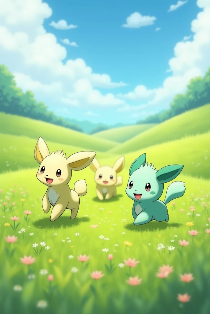 generates a green meadow in which there are 3 ralts(pokemon) Walking happily with a clear and radiant sky