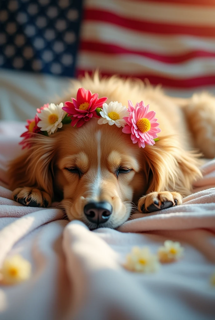 Make a dog lying on a bed with flowers on her head and dreaming about a policeman and the US flag in the background.