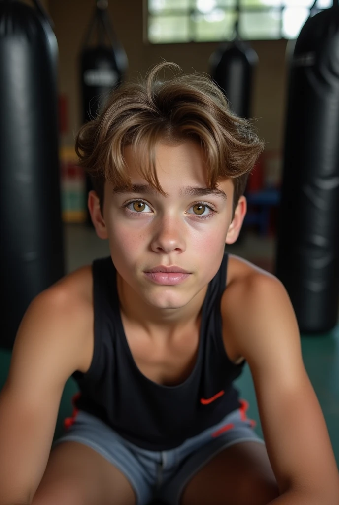 Super detailed face, attention to detail, double eyelids, beautiful thin nose, sharp focus: 1.2, beautiful boy: 1.4, (light brown hair,(bangs)short hair, pure white skin, highest quality, highest quality) - high definition (-yeld boSitting نشسته در باشگاه بوکس