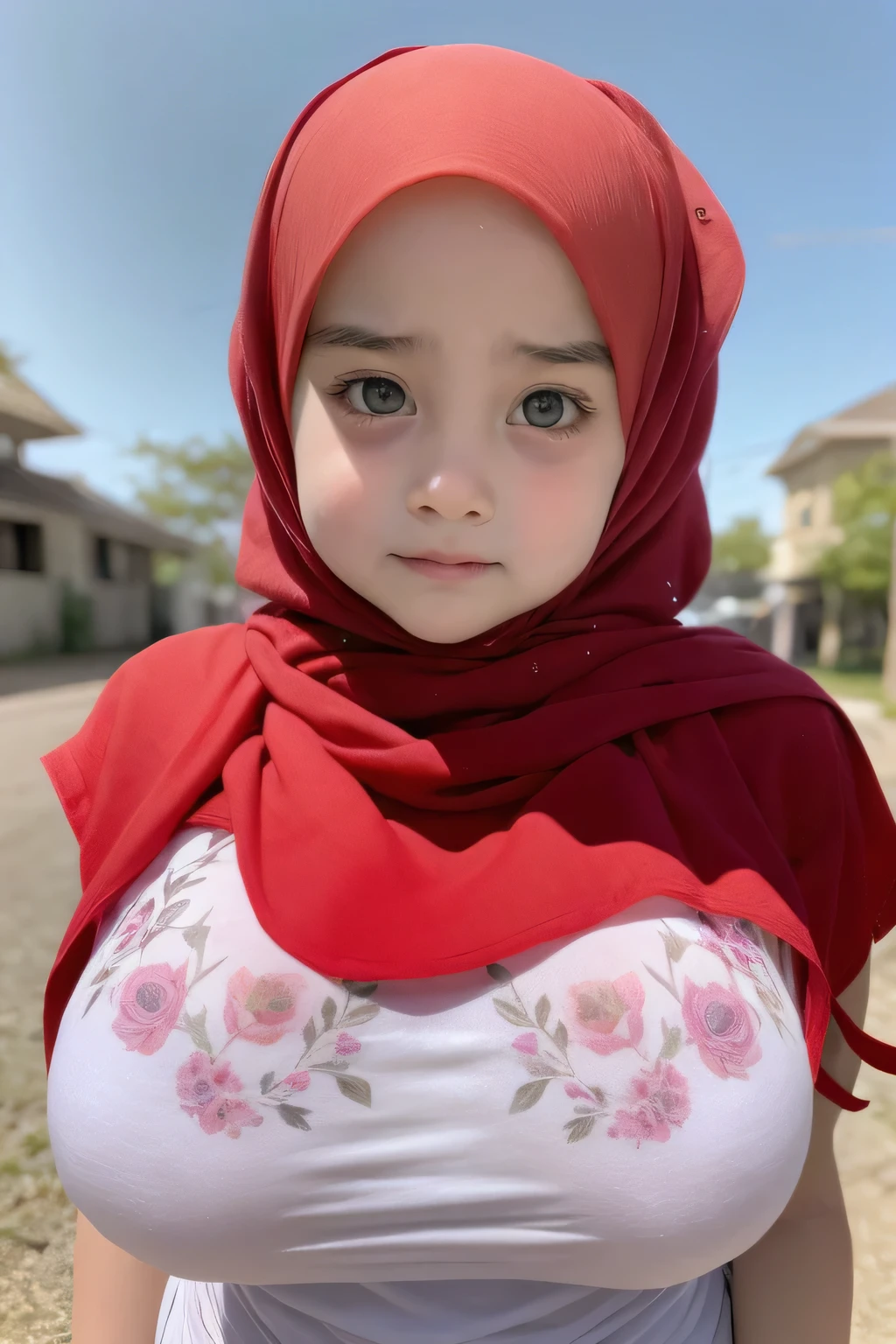 Croptank Hijab Stylish, adorable, 1 girl, (face to face), , ((baby face)), (cry sad face expression), half body portrait, (face details: 1), (eye details: 1), ((huge breasts)). wearing transparent transparency soft soft, hijab .. Cute posed. proportional body. Ultra High Res. realistic: 1.4, UHD, (floral pattern),  (croptank))